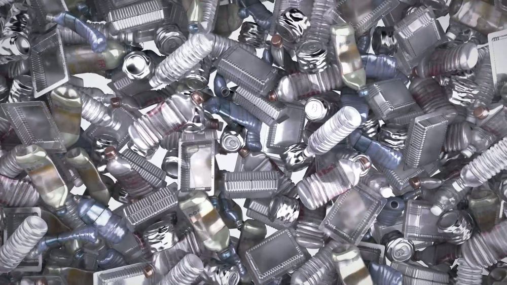 하나의 페트병에서 시작해 수많은 폐기물로 확장되는 연출을 통해 재활용 선별장의 방대한 처리량을 표현한 AI로봇 3D영상 인트로