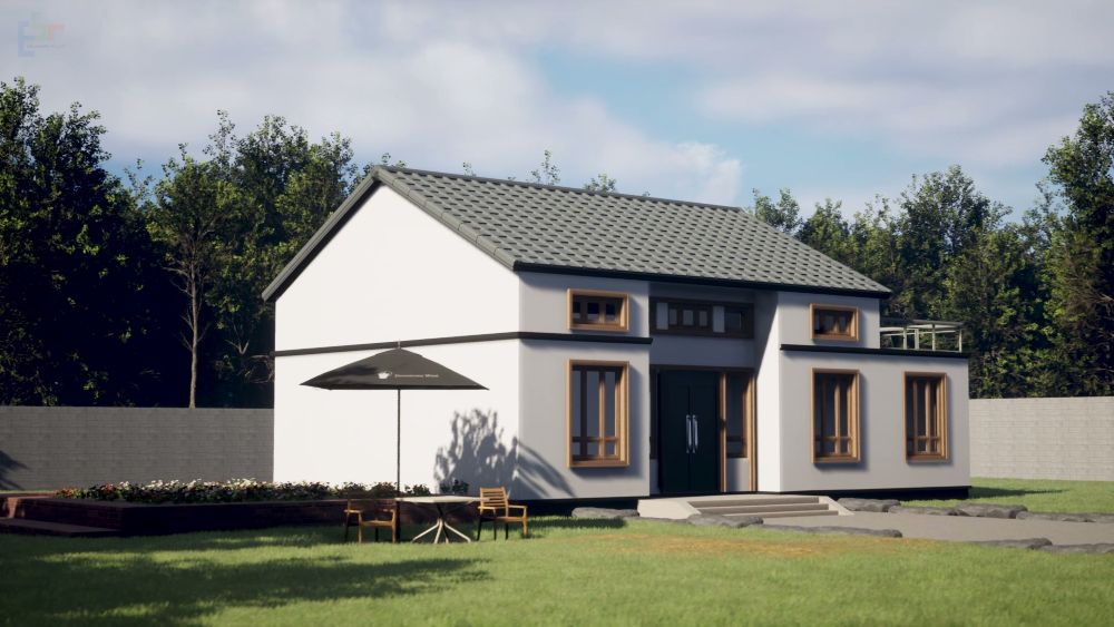 플라스틱 기와지붕이 적용된 주택의 전체 외관을 보여주는 전경 이미지