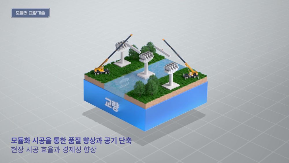 상부와 하부를 분리 제작해 현장에서 조립하는 모듈러 교량 기술의 구조를 시각화한 이미지