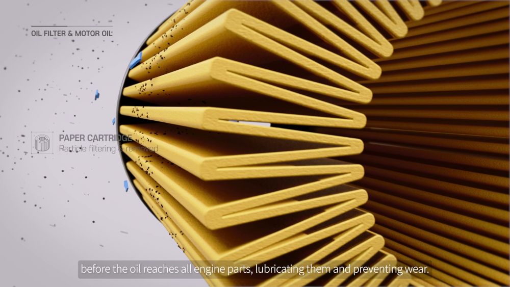 필터 내부에서 오일이 통과하고 미세 불순물이 제거되는 여과 과정을 표현한 장면