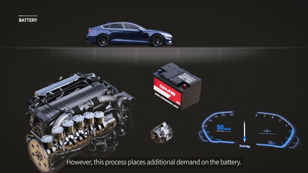 차량 정차 시 엔진이 자동으로 꺼지고 재가동되는 ISG 기능을 3D로 시각화한 장면