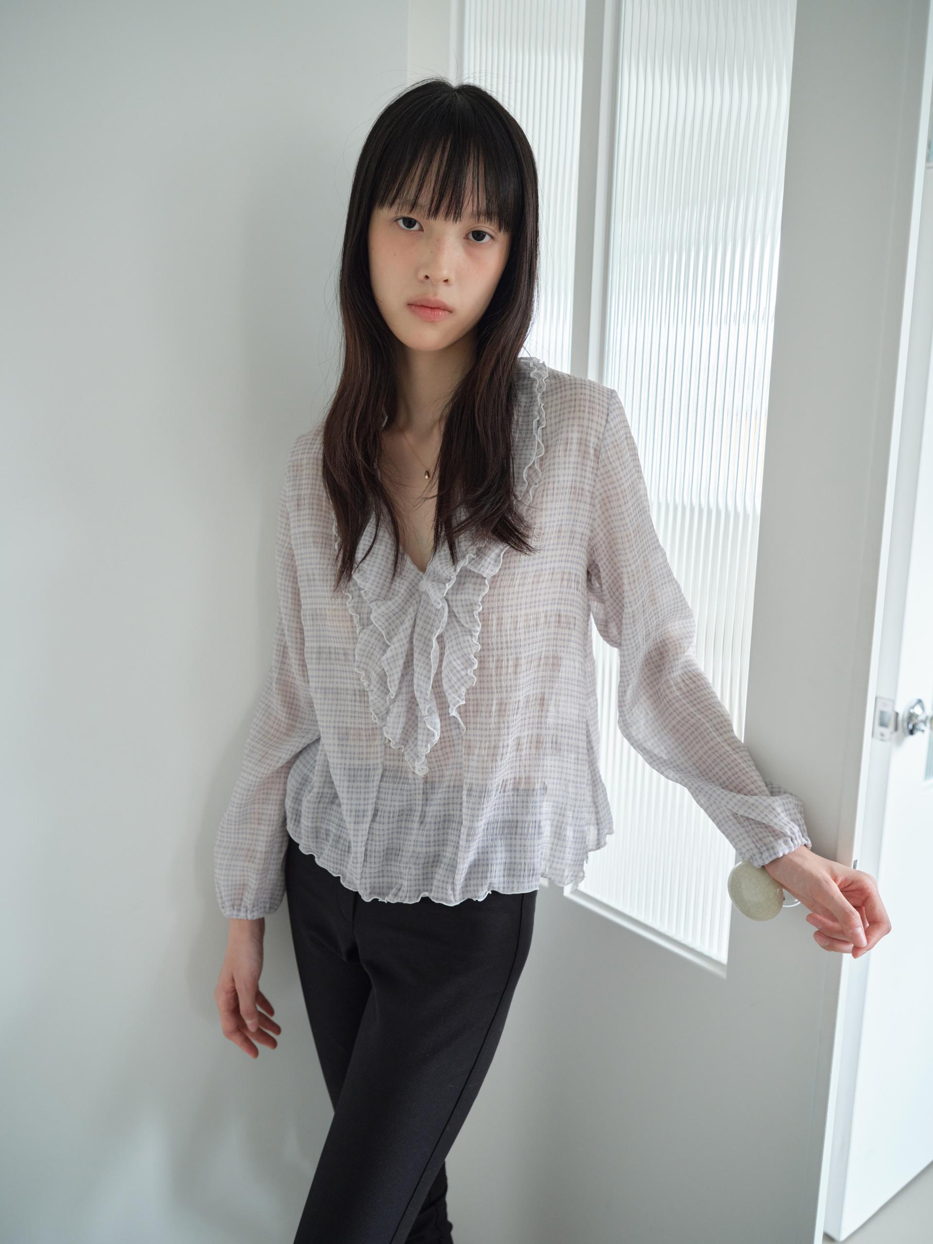 PLAID RUFFLE CHIFFON BLOUSE_LAVENDER