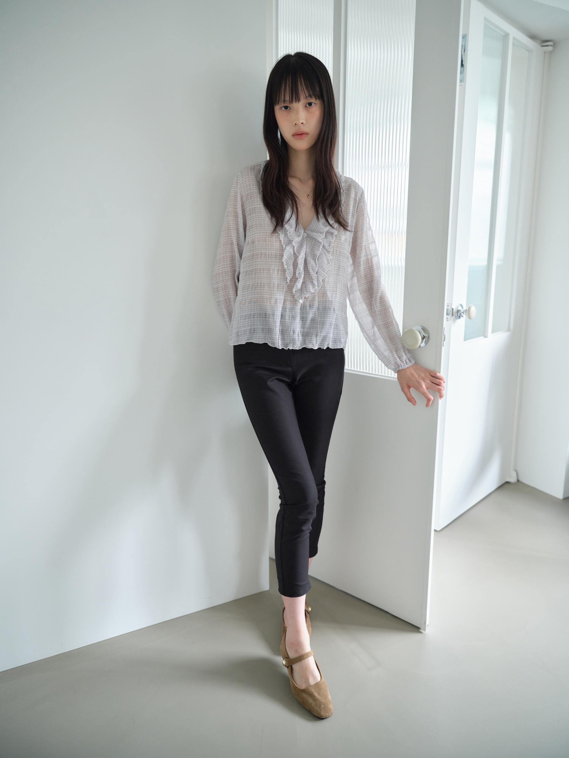 PLAID RUFFLE CHIFFON BLOUSE_LAVENDER