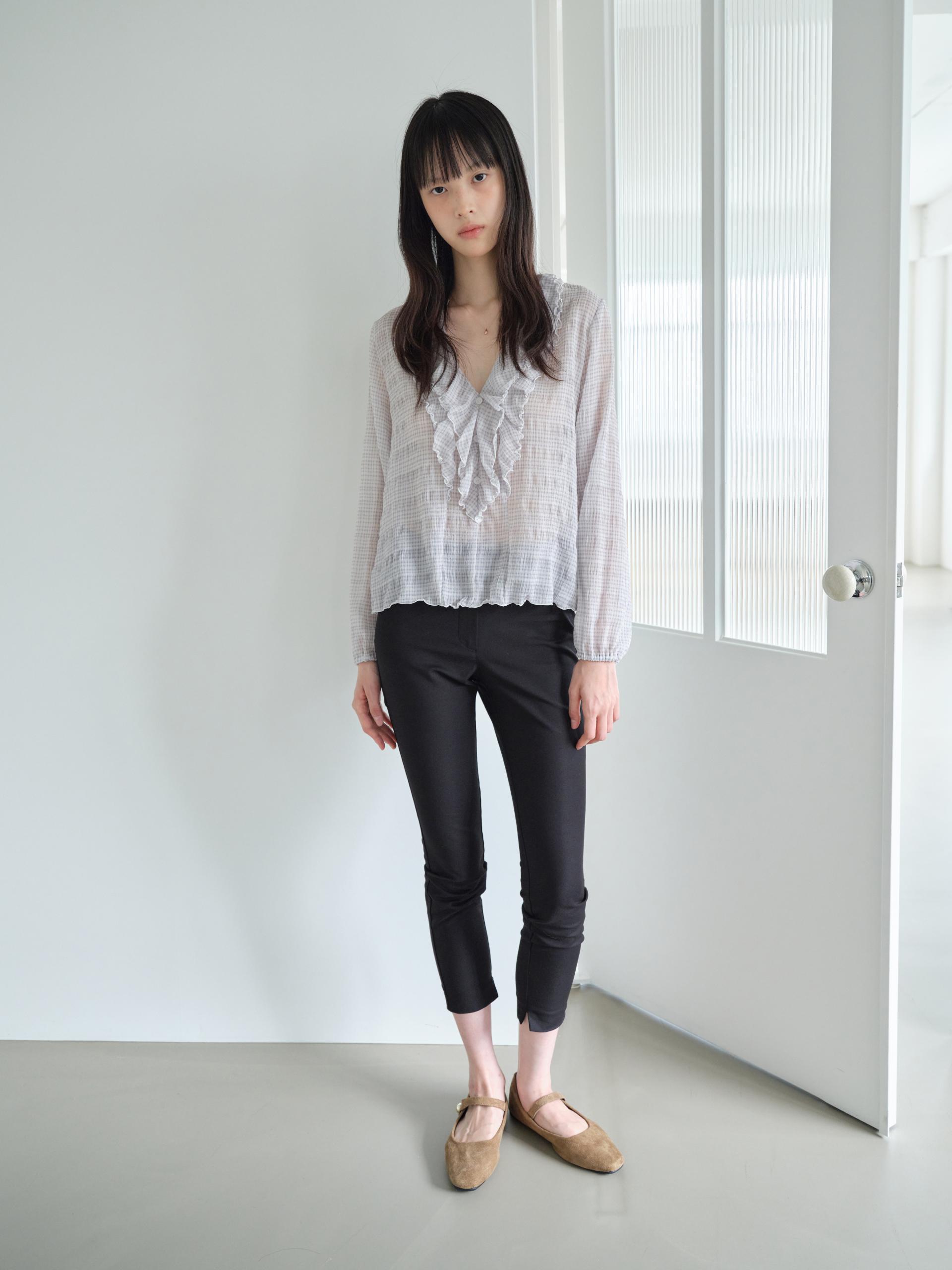 PLAID RUFFLE CHIFFON BLOUSE_LAVENDER