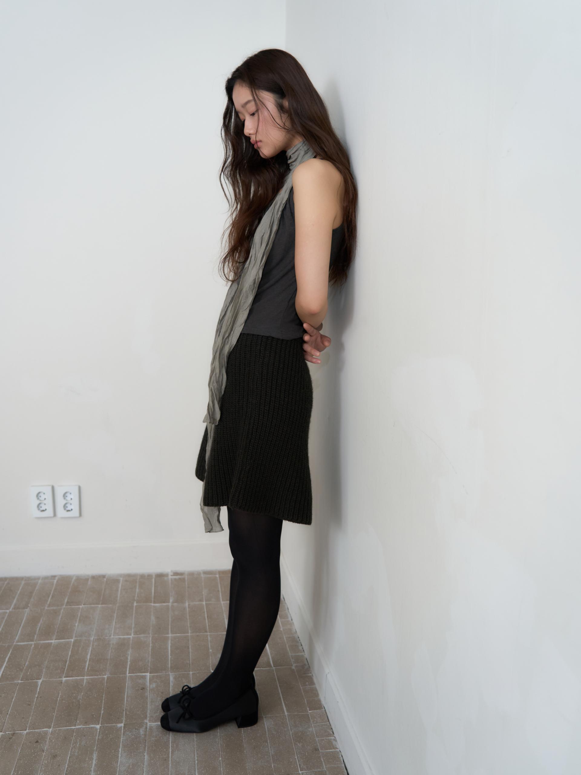 KNIT FLARED BAND SKIRT_BROWN