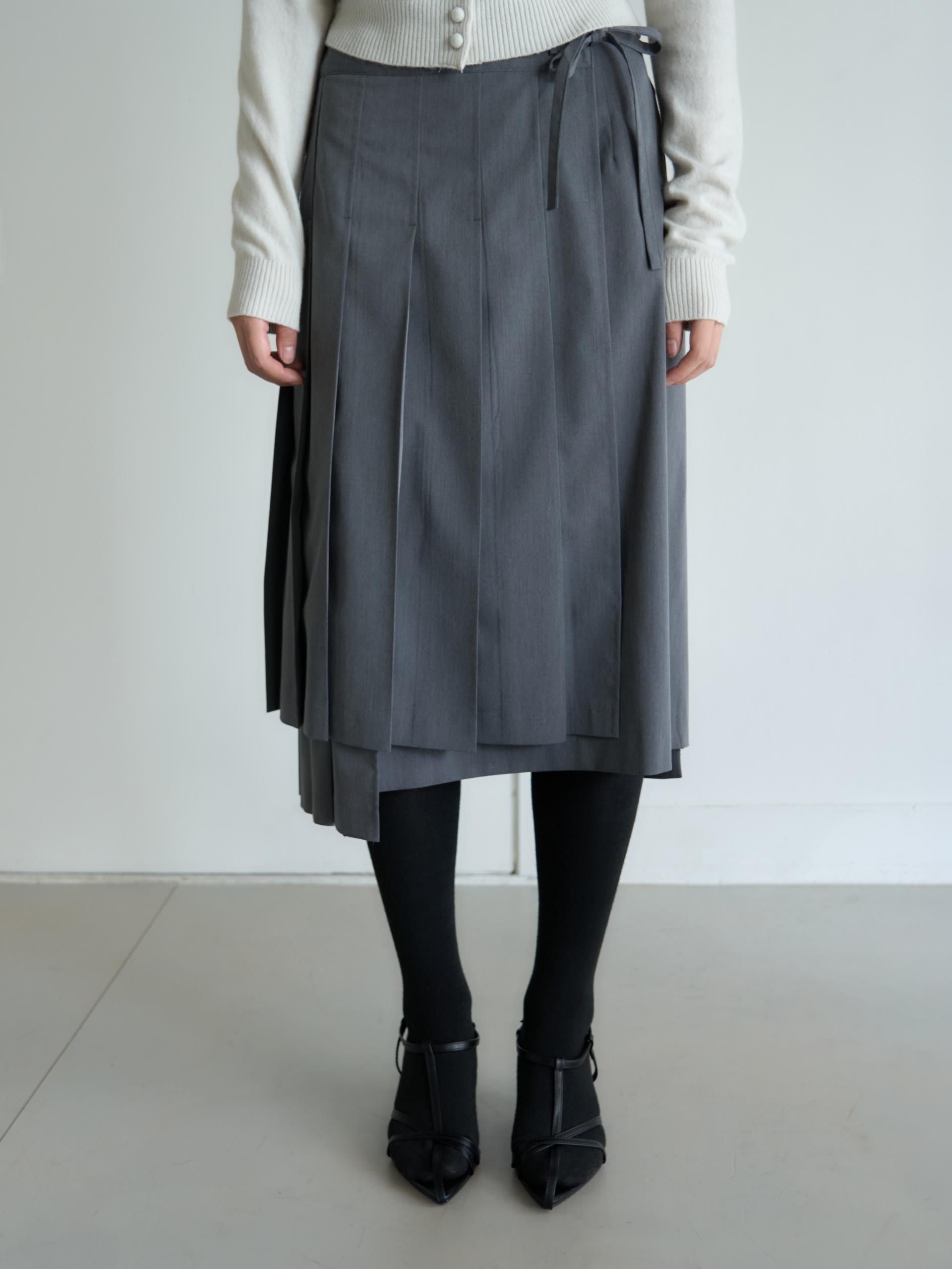 WRAP PLEATED LONG SKIRT_GRAY