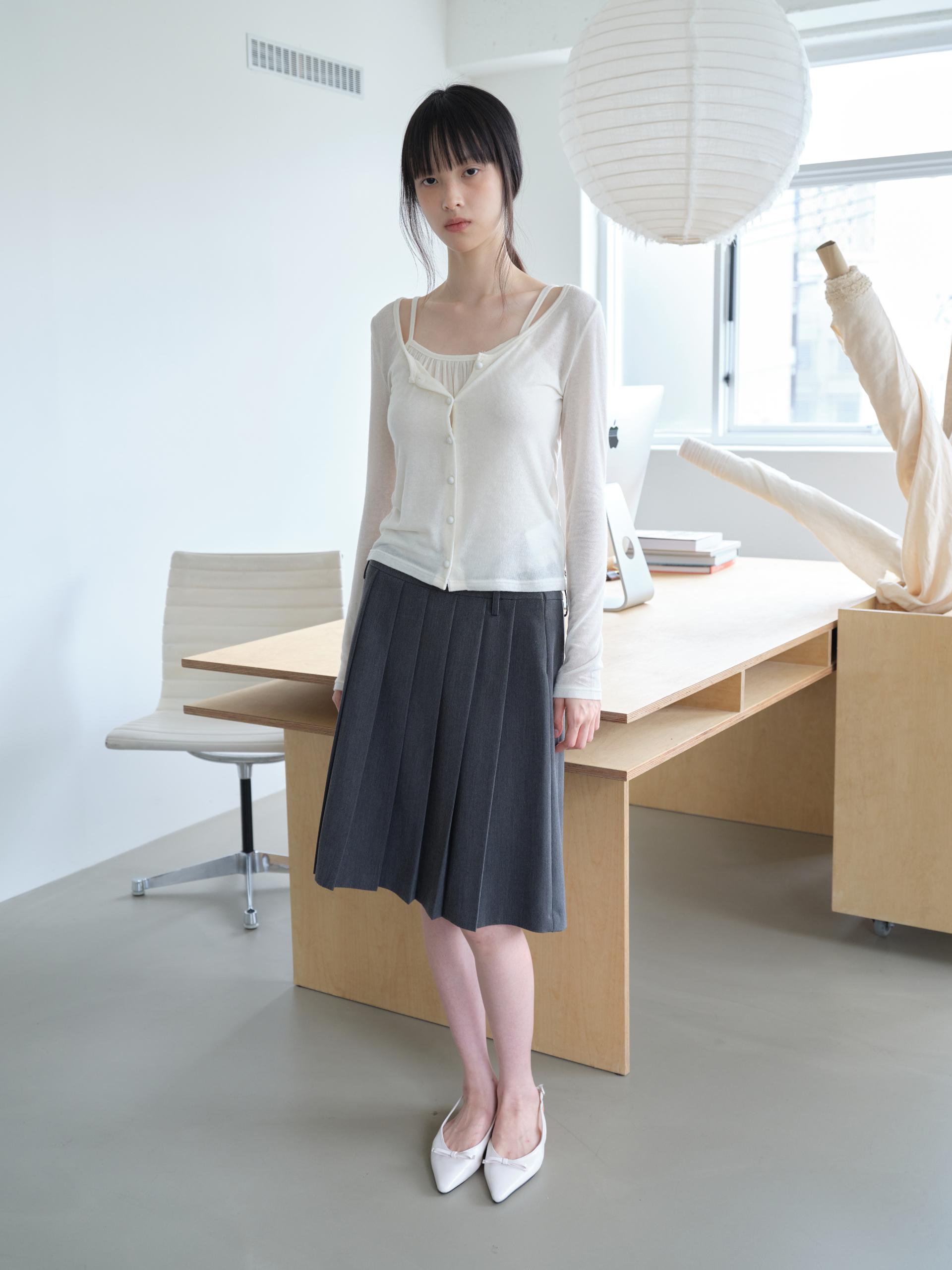 BELTED PLEATED MIDI SKIRT_GRAY