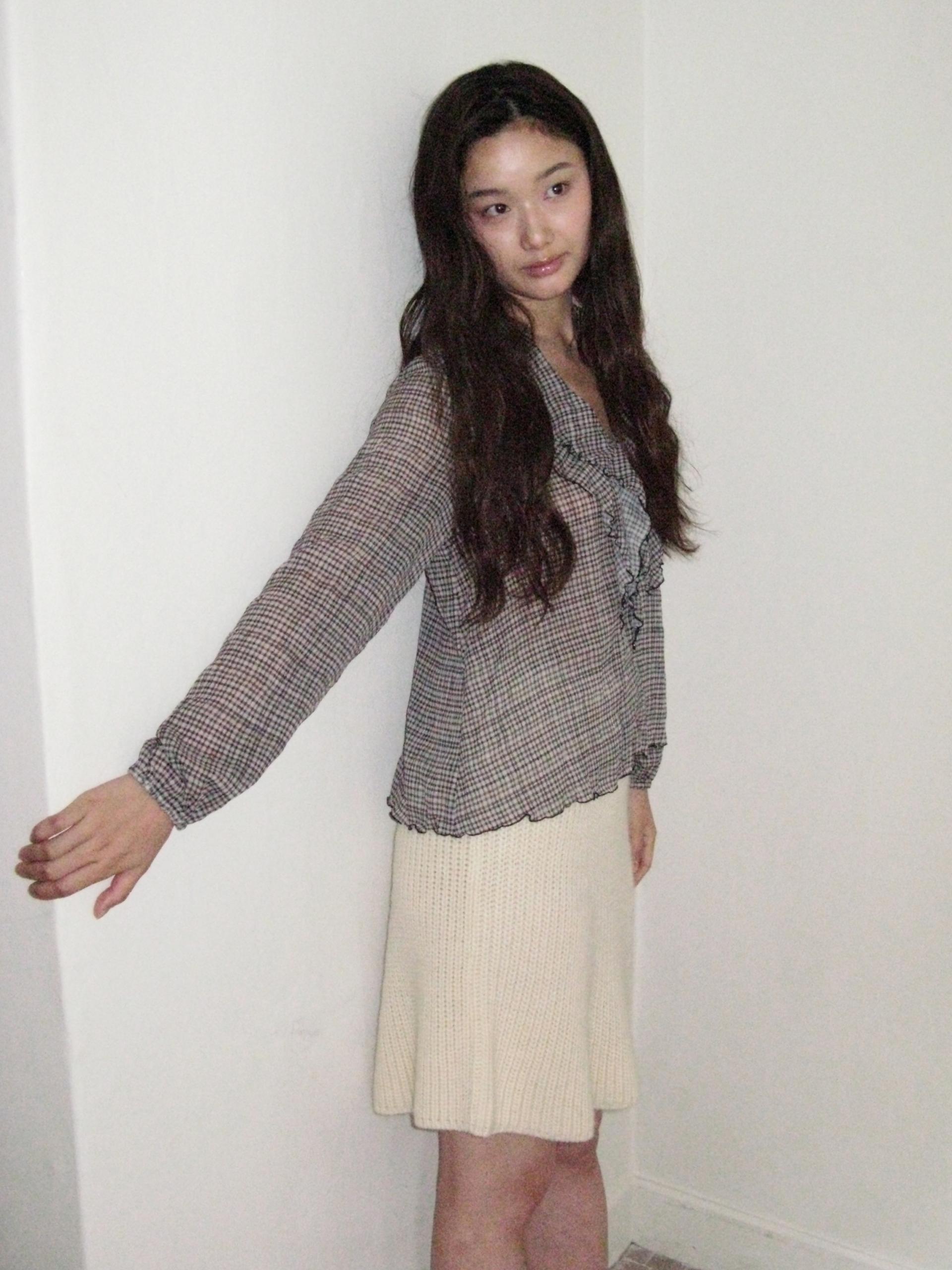 PLAID RUFFLE CHIFFON BLOUSE_BLACK