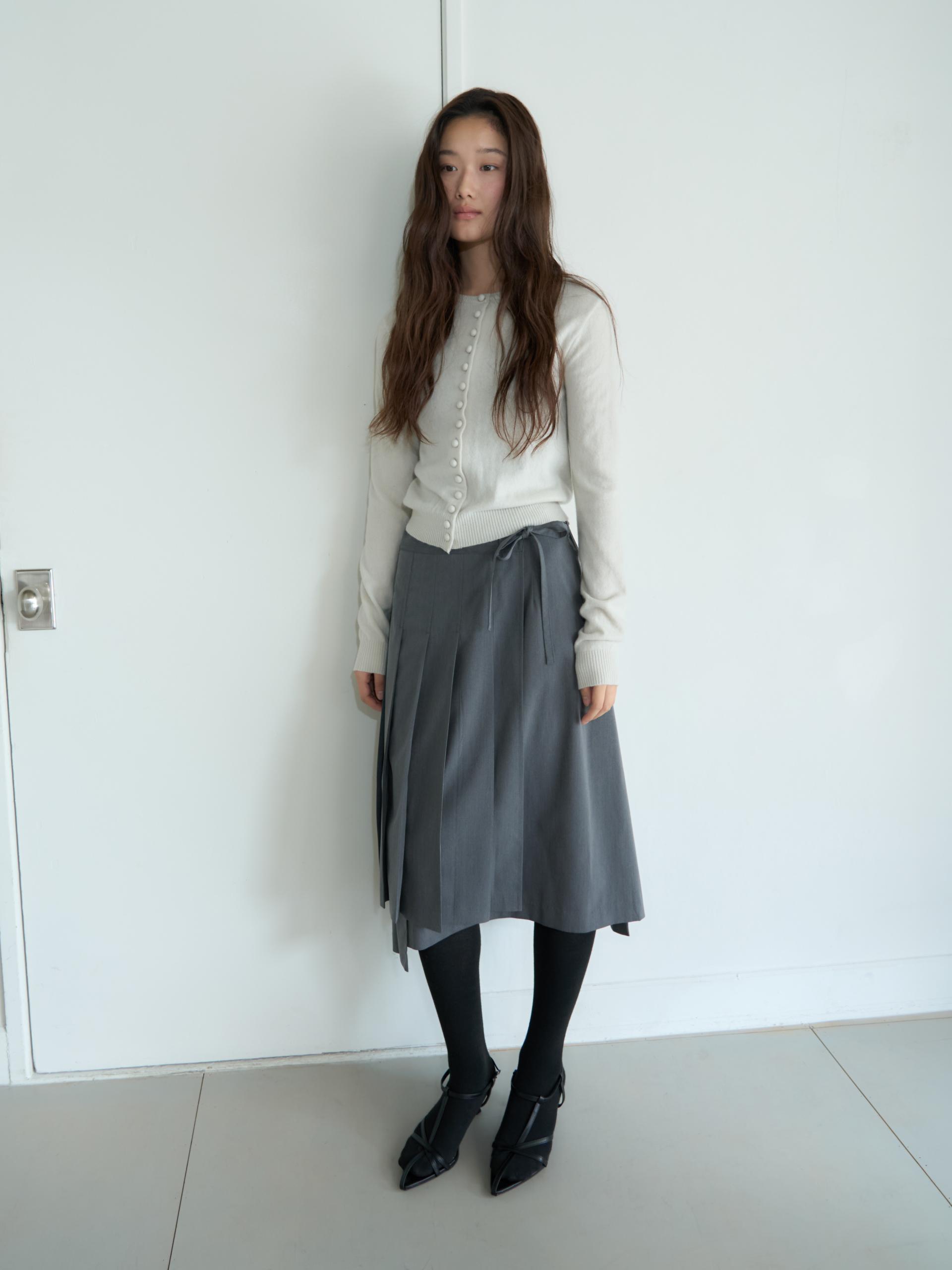 WRAP PLEATED LONG SKIRT_GRAY