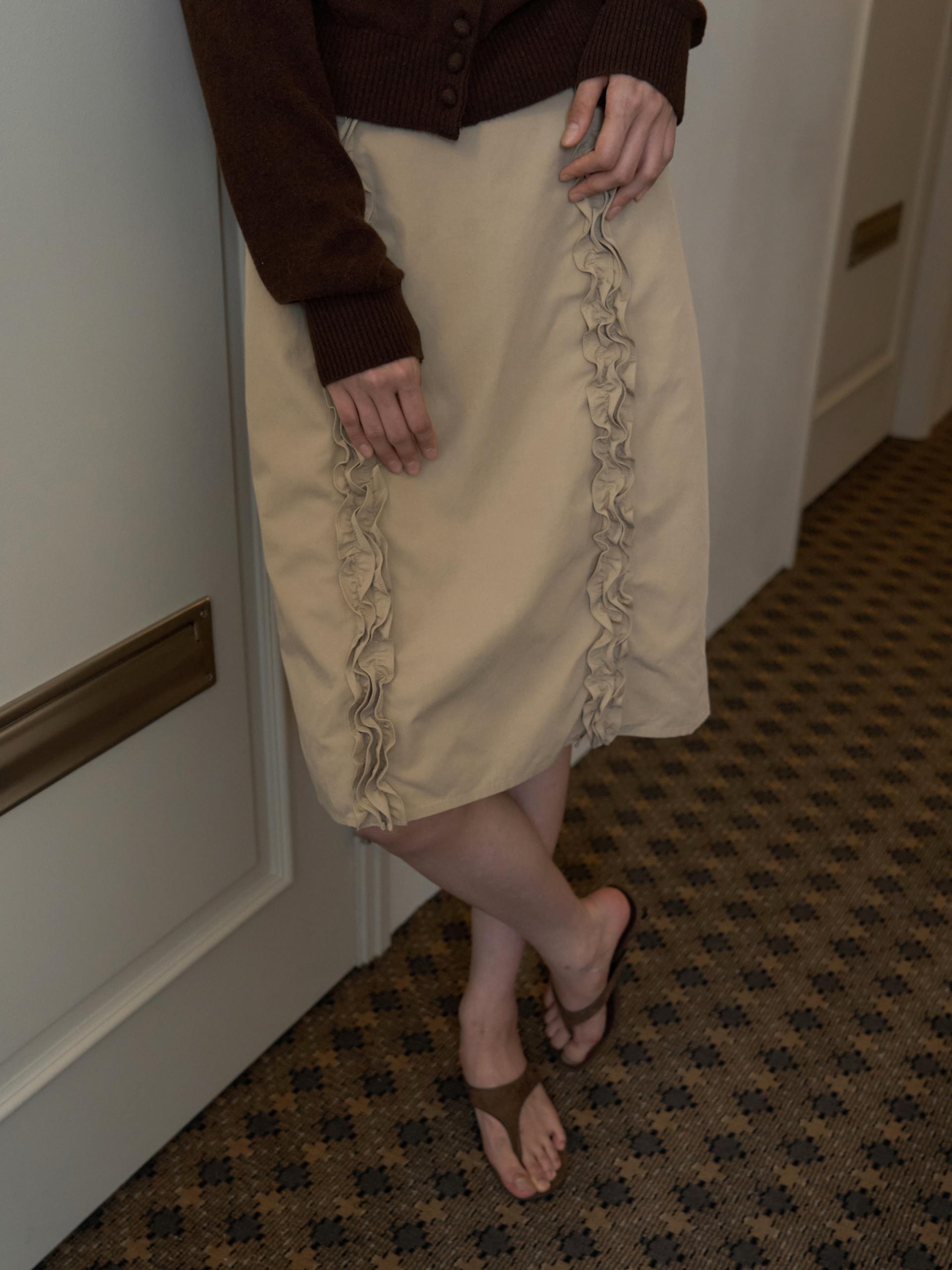 DOUBLE FRILL MIDI SKIRT_BEIGE