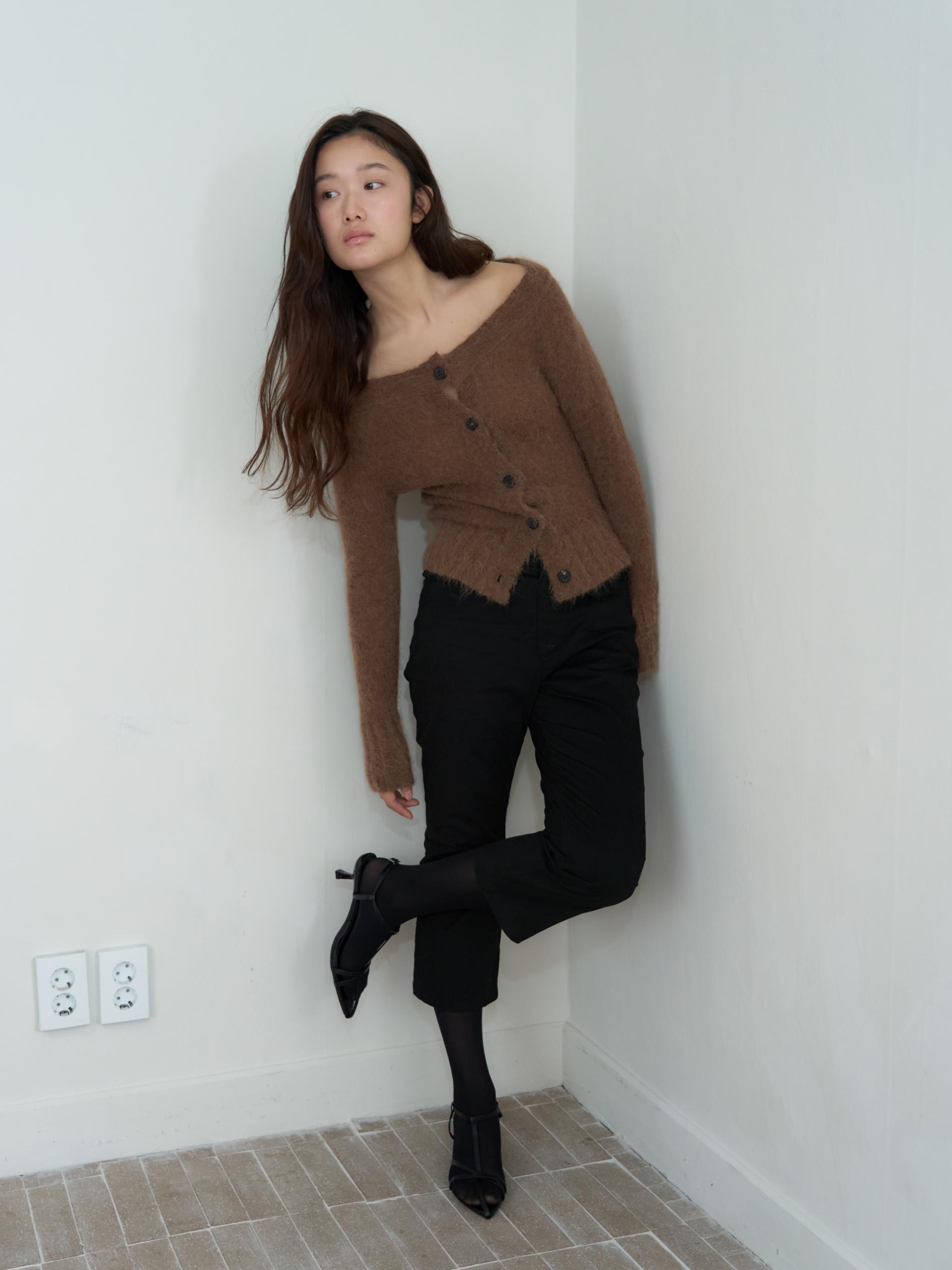 MERINO WOOL ALPACA OFF-SHOULDER CARDIGAN_BROWN