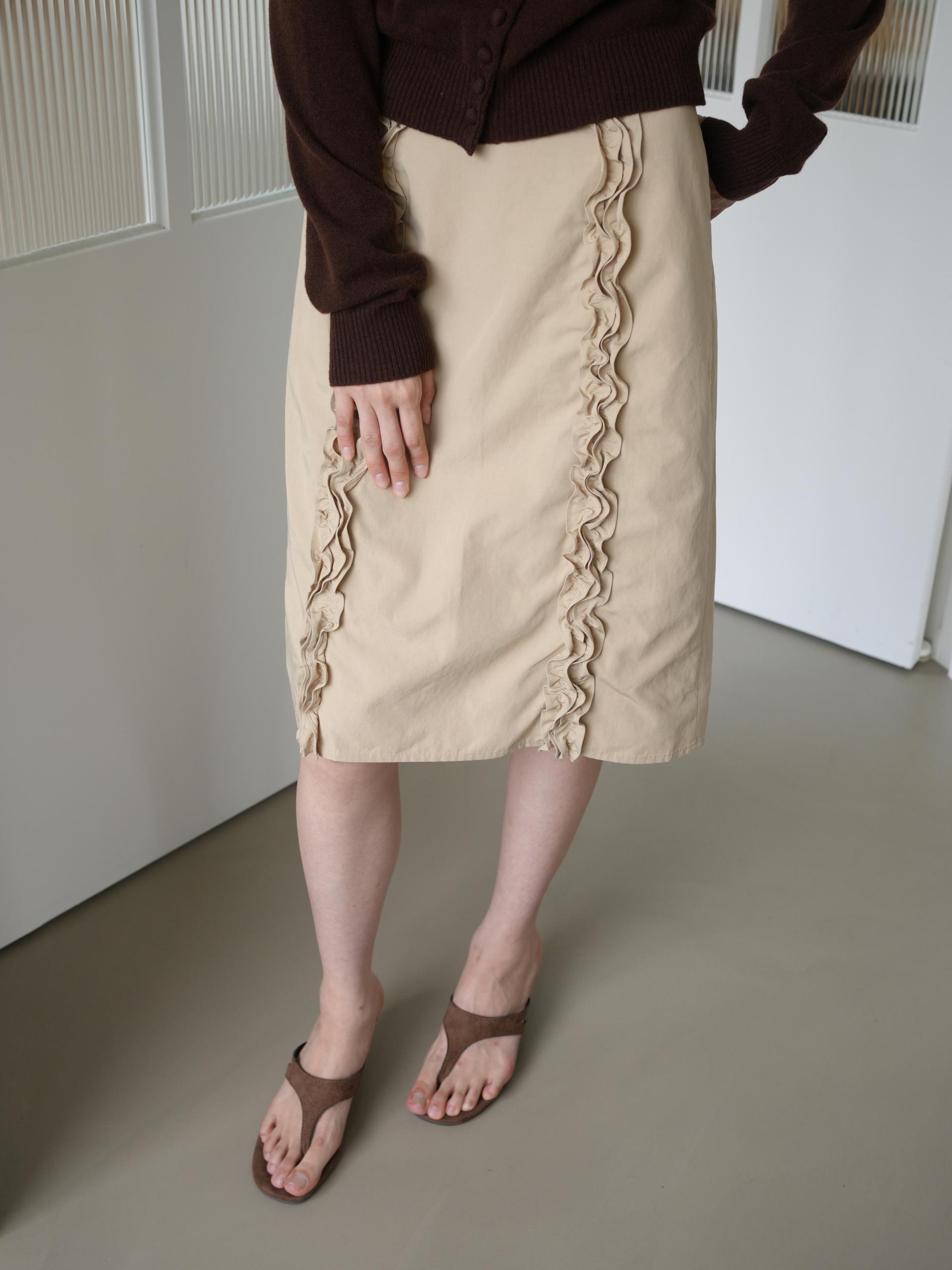 DOUBLE FRILL MIDI SKIRT_BEIGE