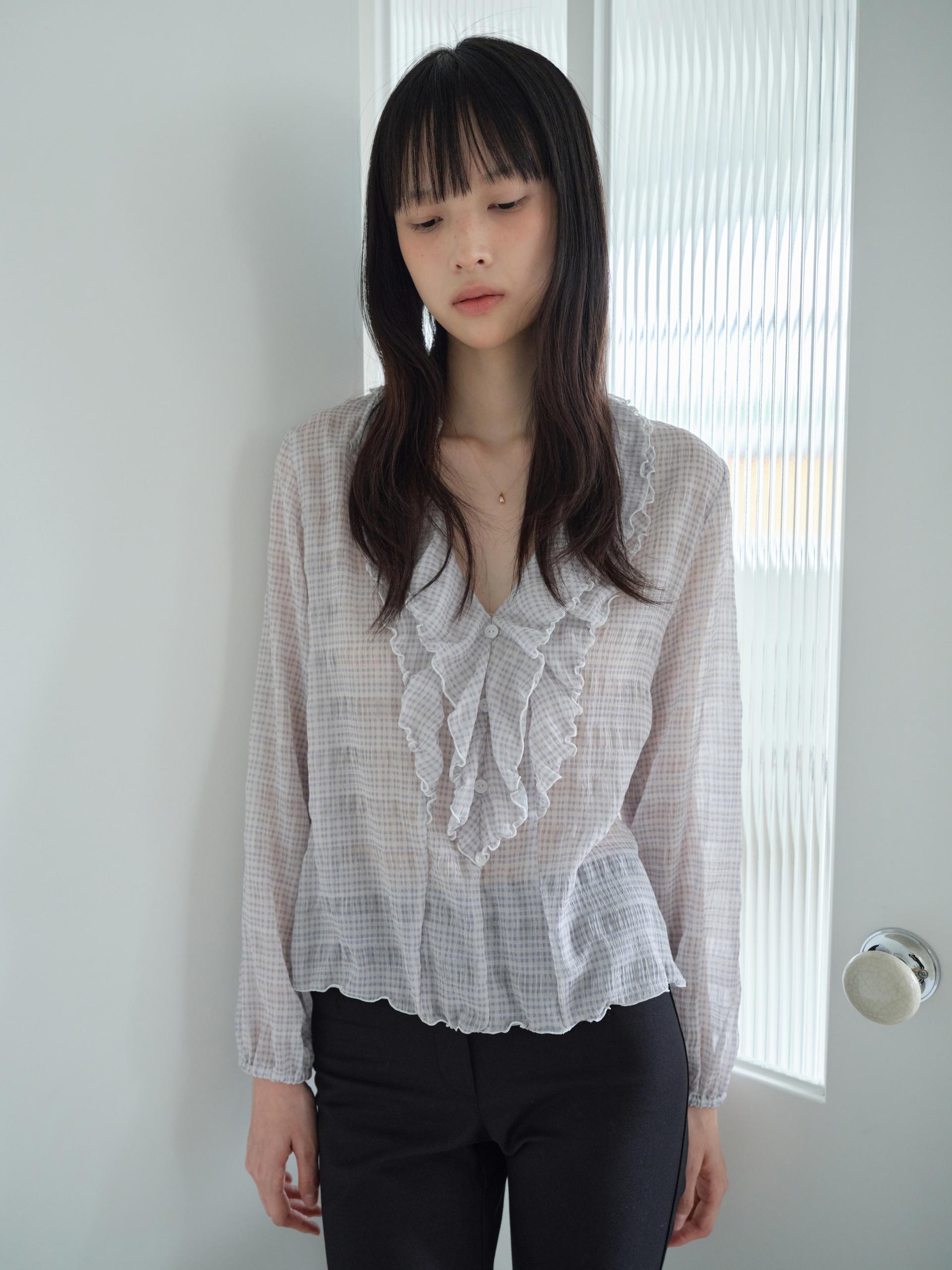 PLAID RUFFLE CHIFFON BLOUSE_LAVENDER