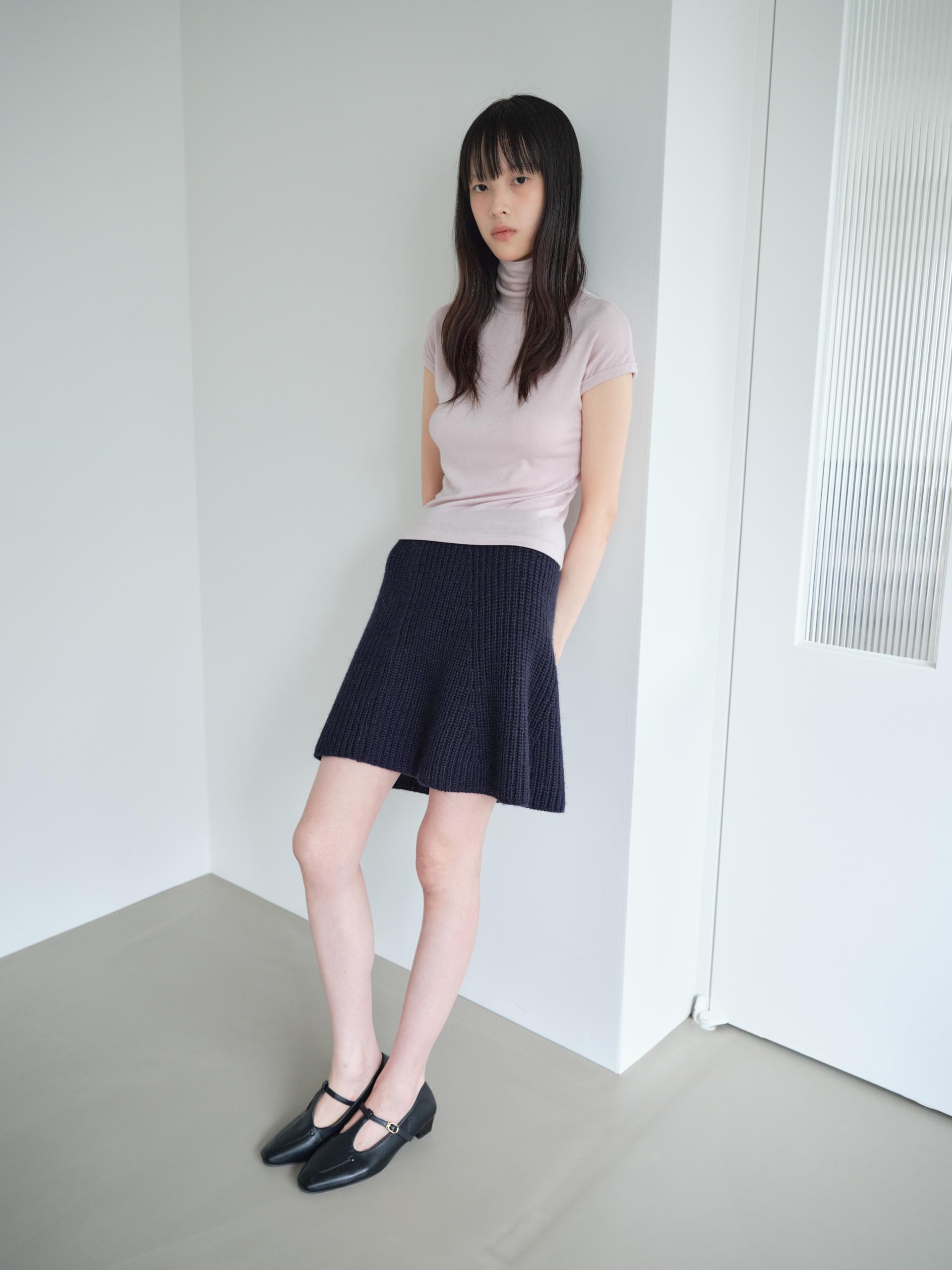 KNIT FLARED BAND SKIRT_NAVY