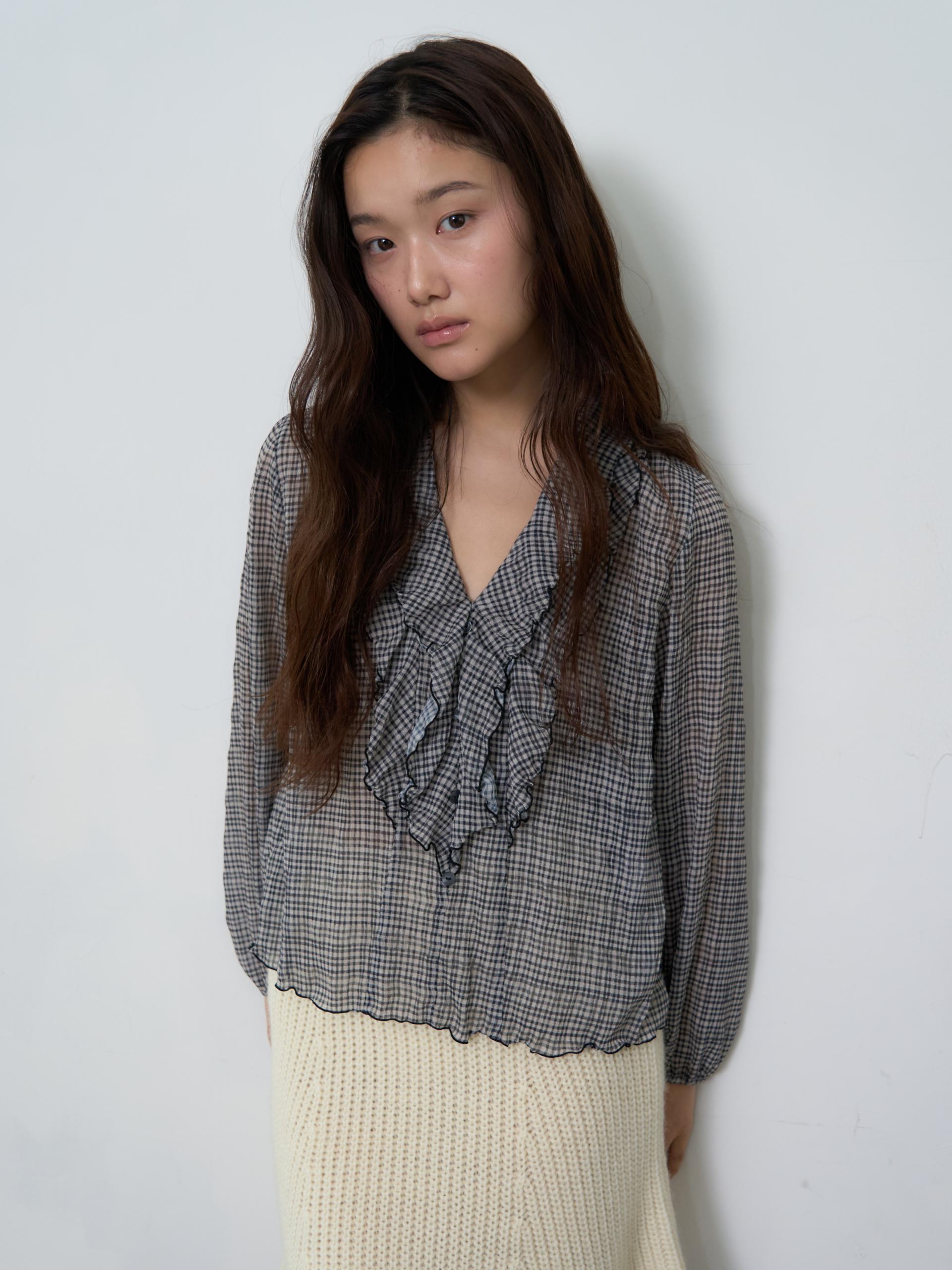 PLAID RUFFLE CHIFFON BLOUSE_BLACK