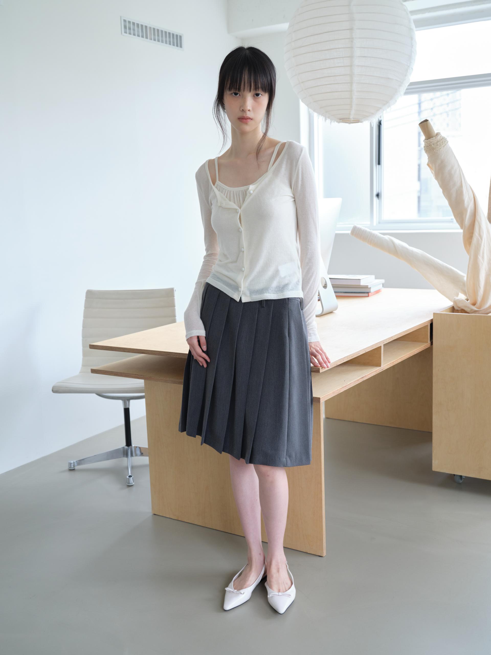 BELTED PLEATED MIDI SKIRT_GRAY