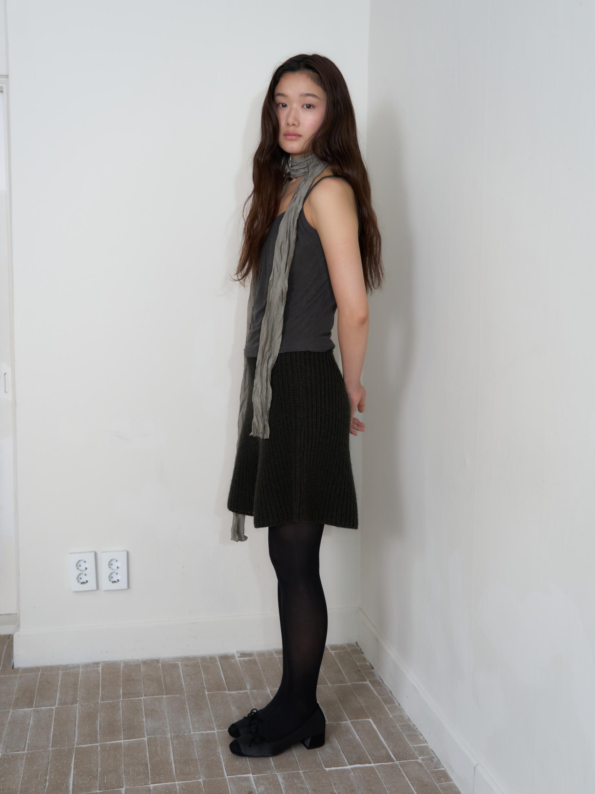 KNIT FLARED BAND SKIRT_BROWN