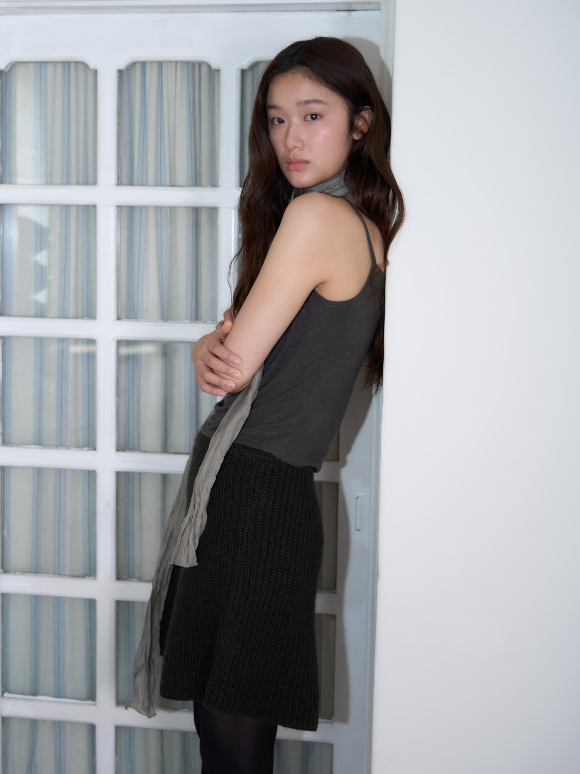KNIT FLARED BAND SKIRT_BROWN