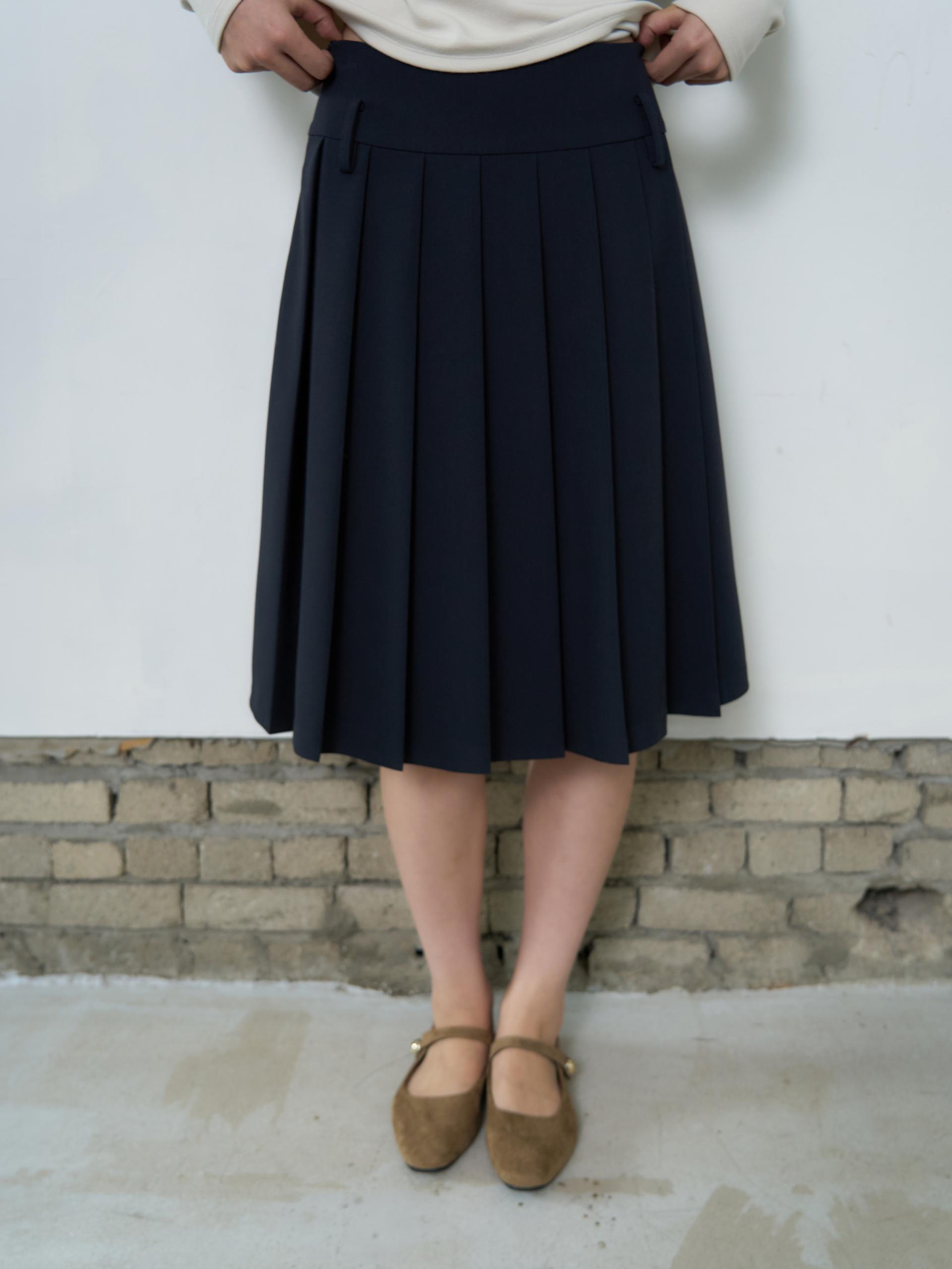 BELTED PLEATED MIDI SKIRT_NAVY