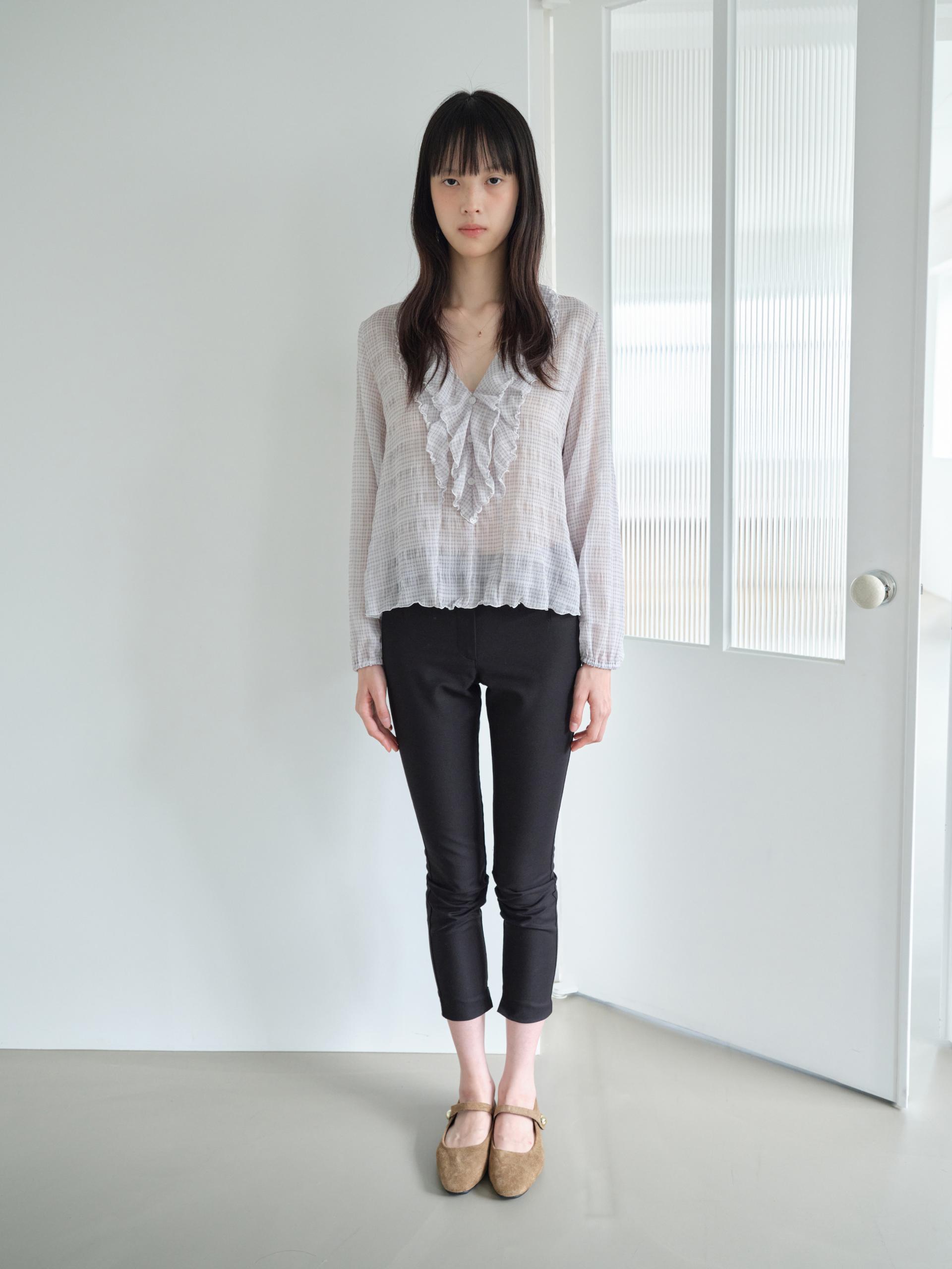 PLAID RUFFLE CHIFFON BLOUSE_LAVENDER