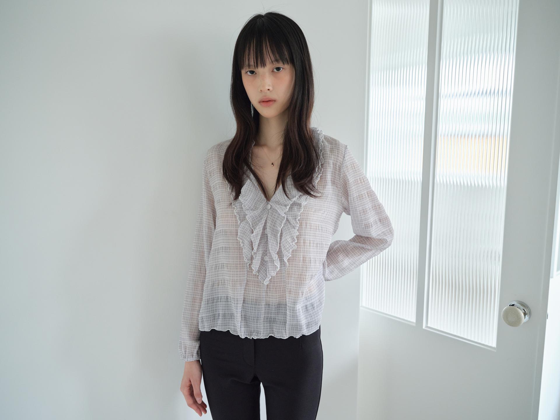 PLAID RUFFLE CHIFFON BLOUSE_LAVENDER