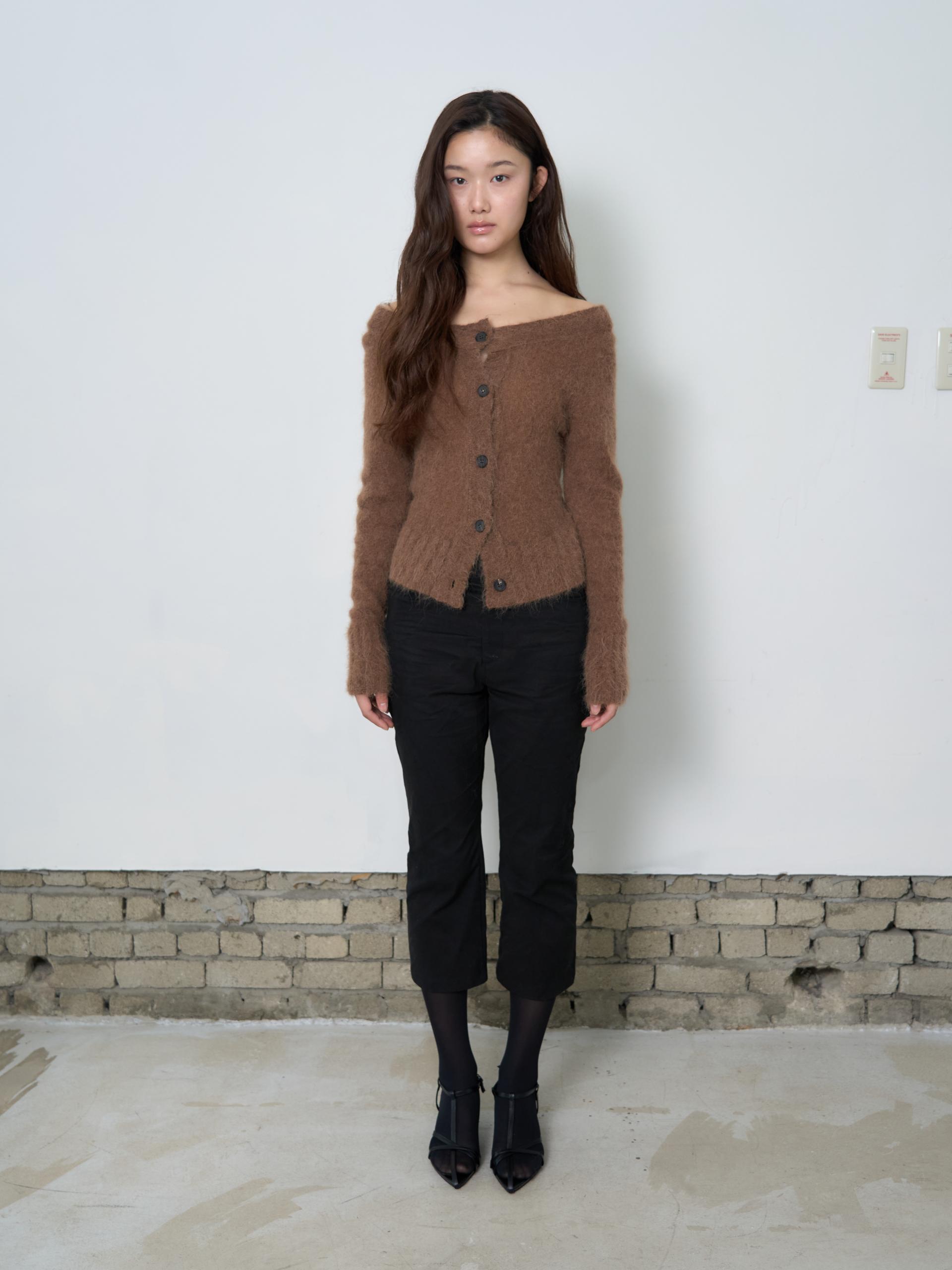 MERINO WOOL ALPACA OFF-SHOULDER CARDIGAN_BROWN