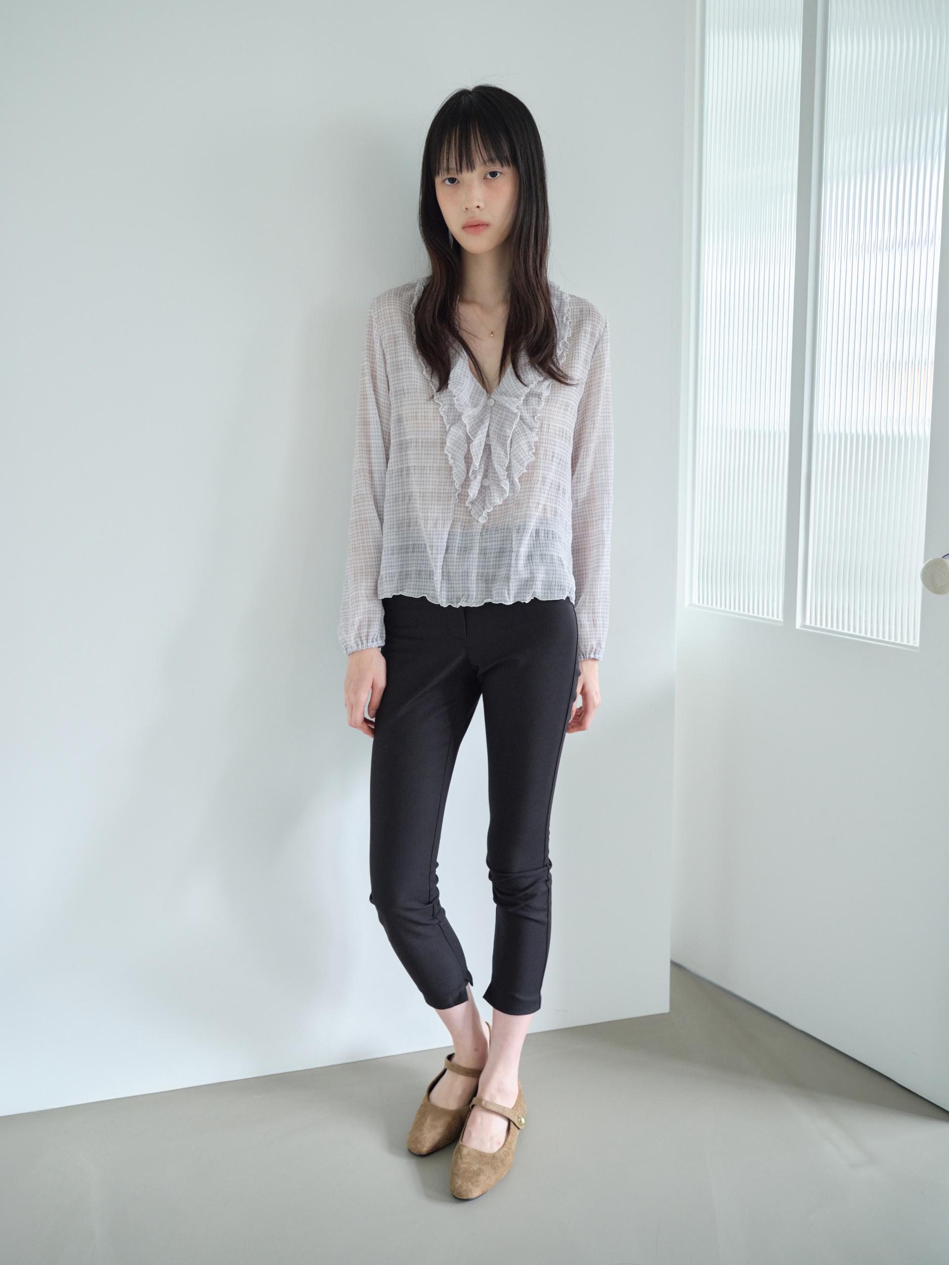 PLAID RUFFLE CHIFFON BLOUSE_LAVENDER
