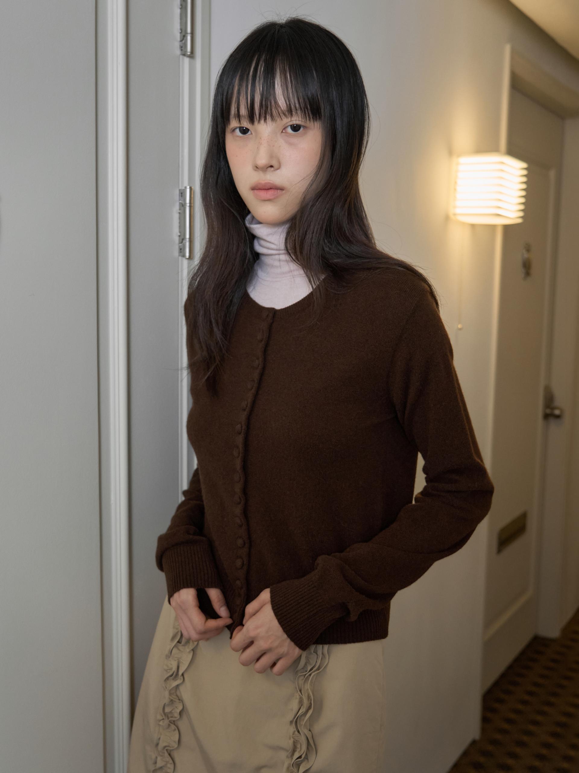 MERINO CASHMERE BUTTON CARDIGAN_BROWN