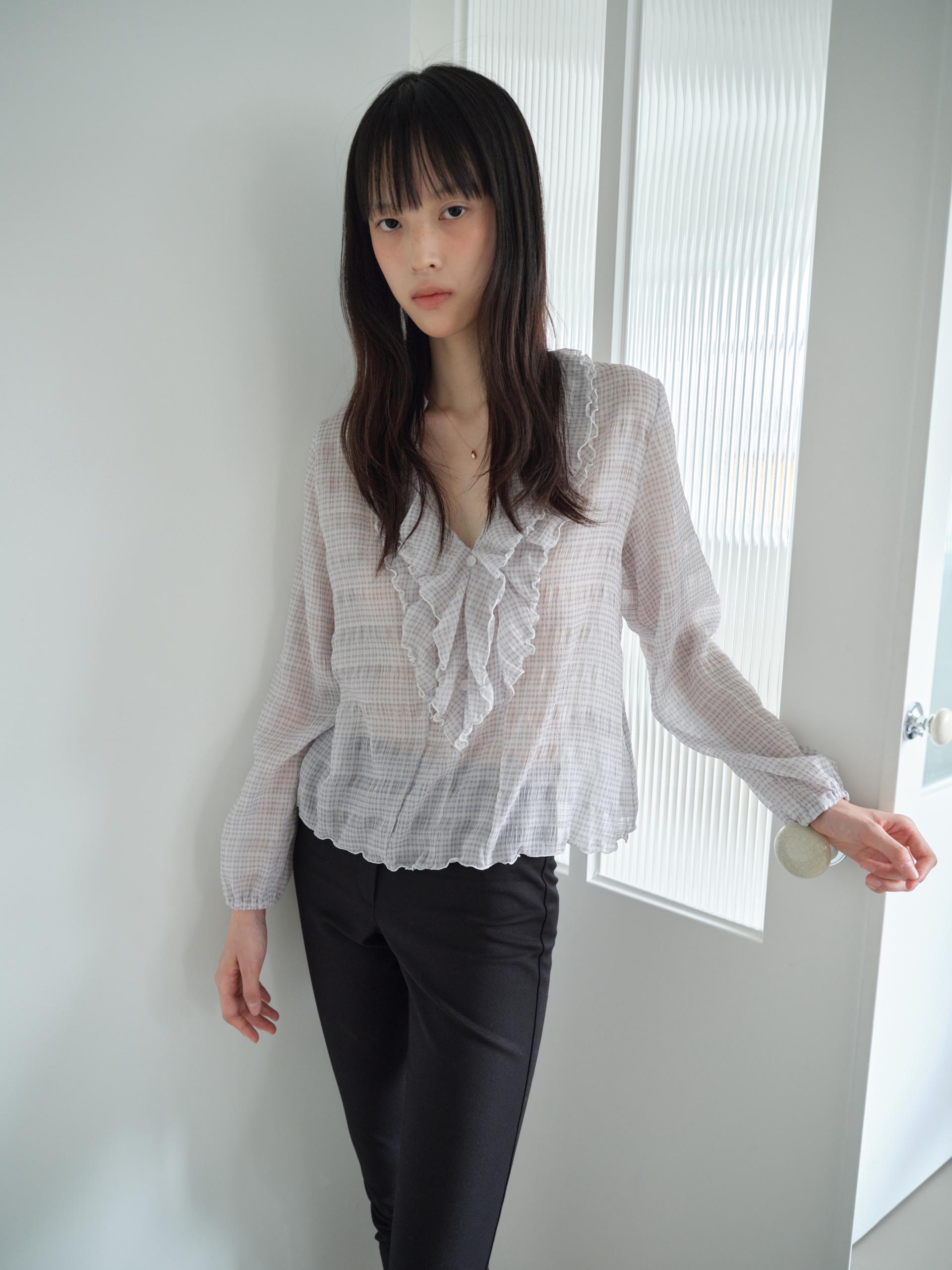 PLAID RUFFLE CHIFFON BLOUSE_LAVENDER