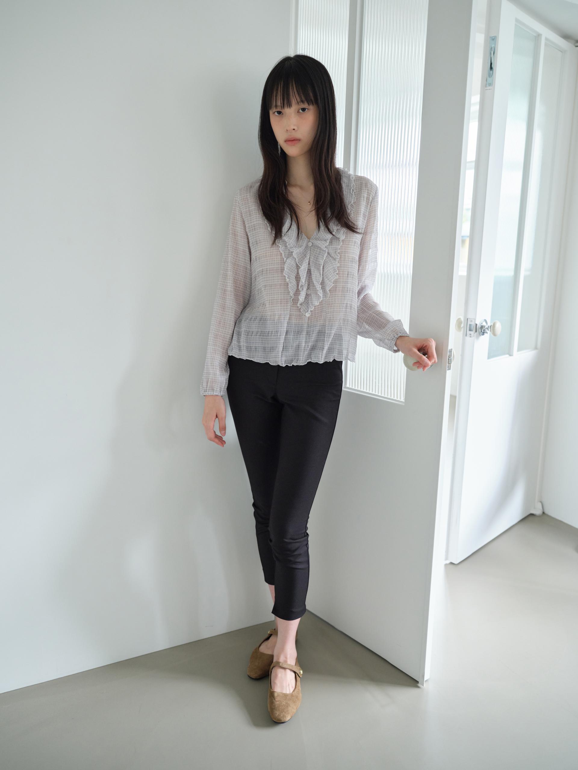 PLAID RUFFLE CHIFFON BLOUSE_LAVENDER