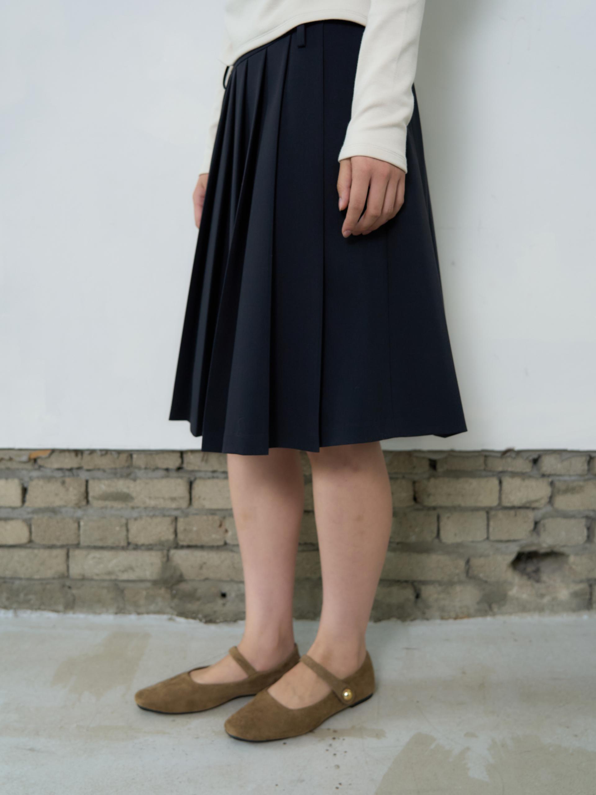 BELTED PLEATED MIDI SKIRT_NAVY
