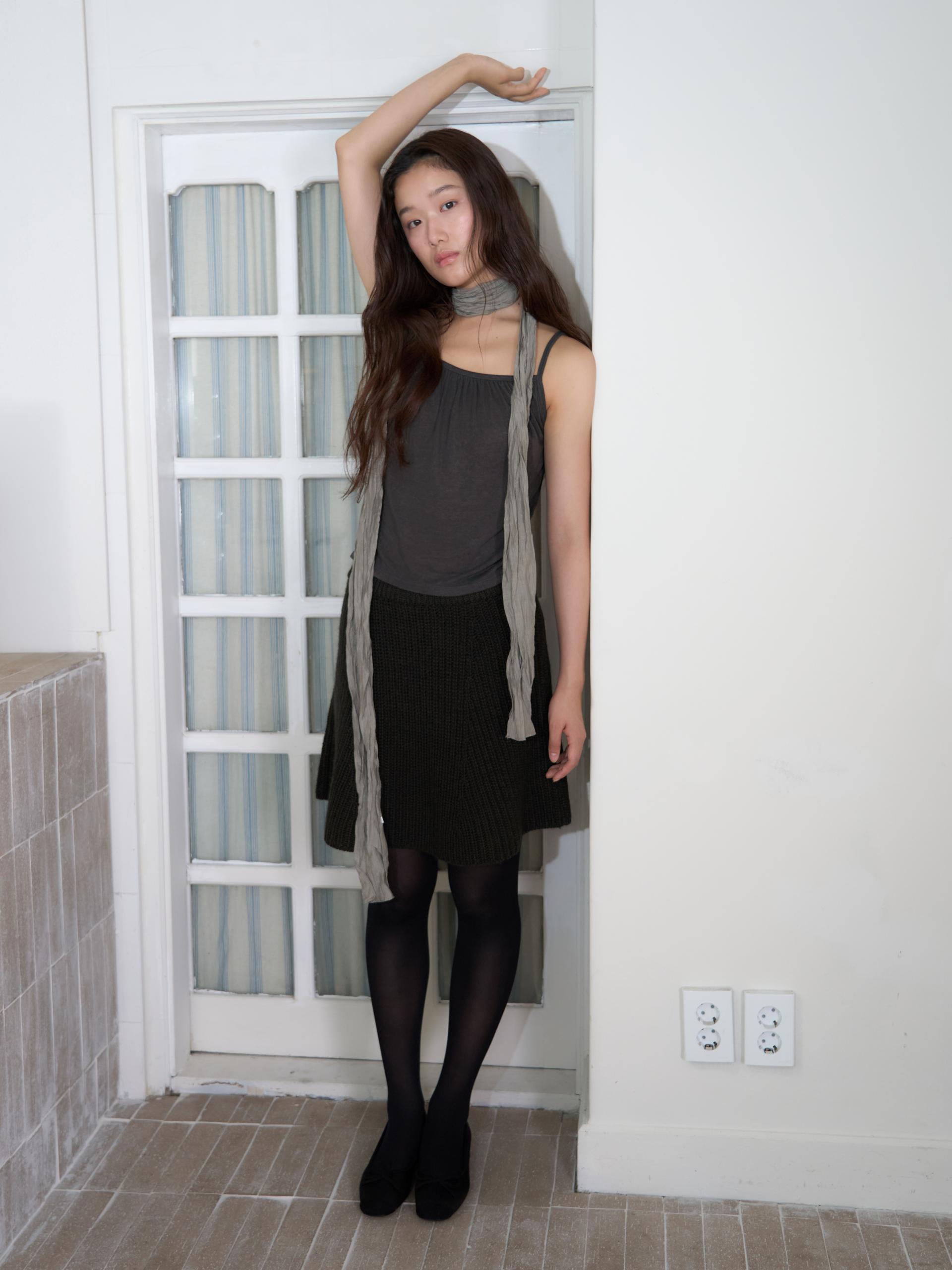 KNIT FLARED BAND SKIRT_BROWN