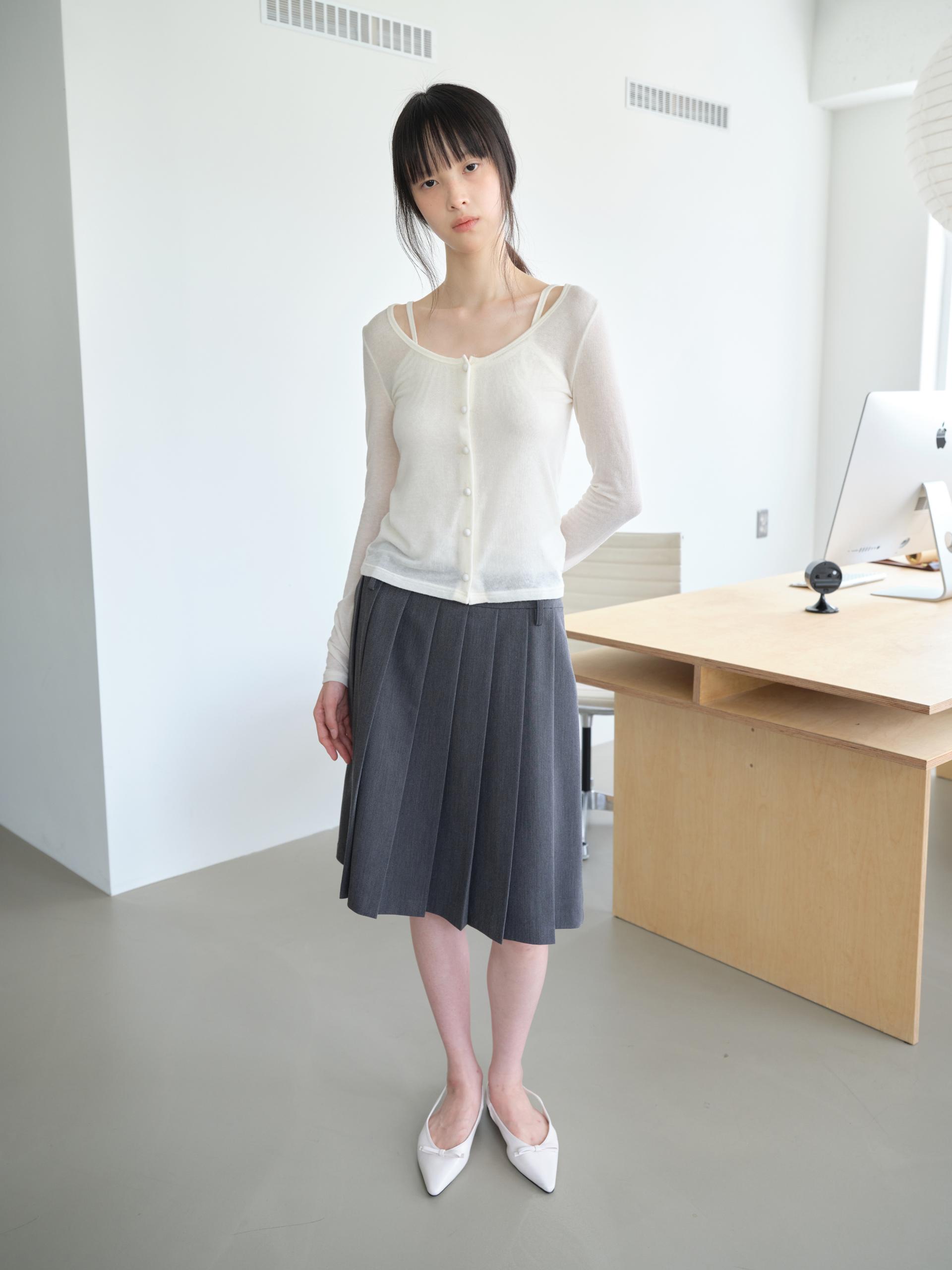 BELTED PLEATED MIDI SKIRT_GRAY