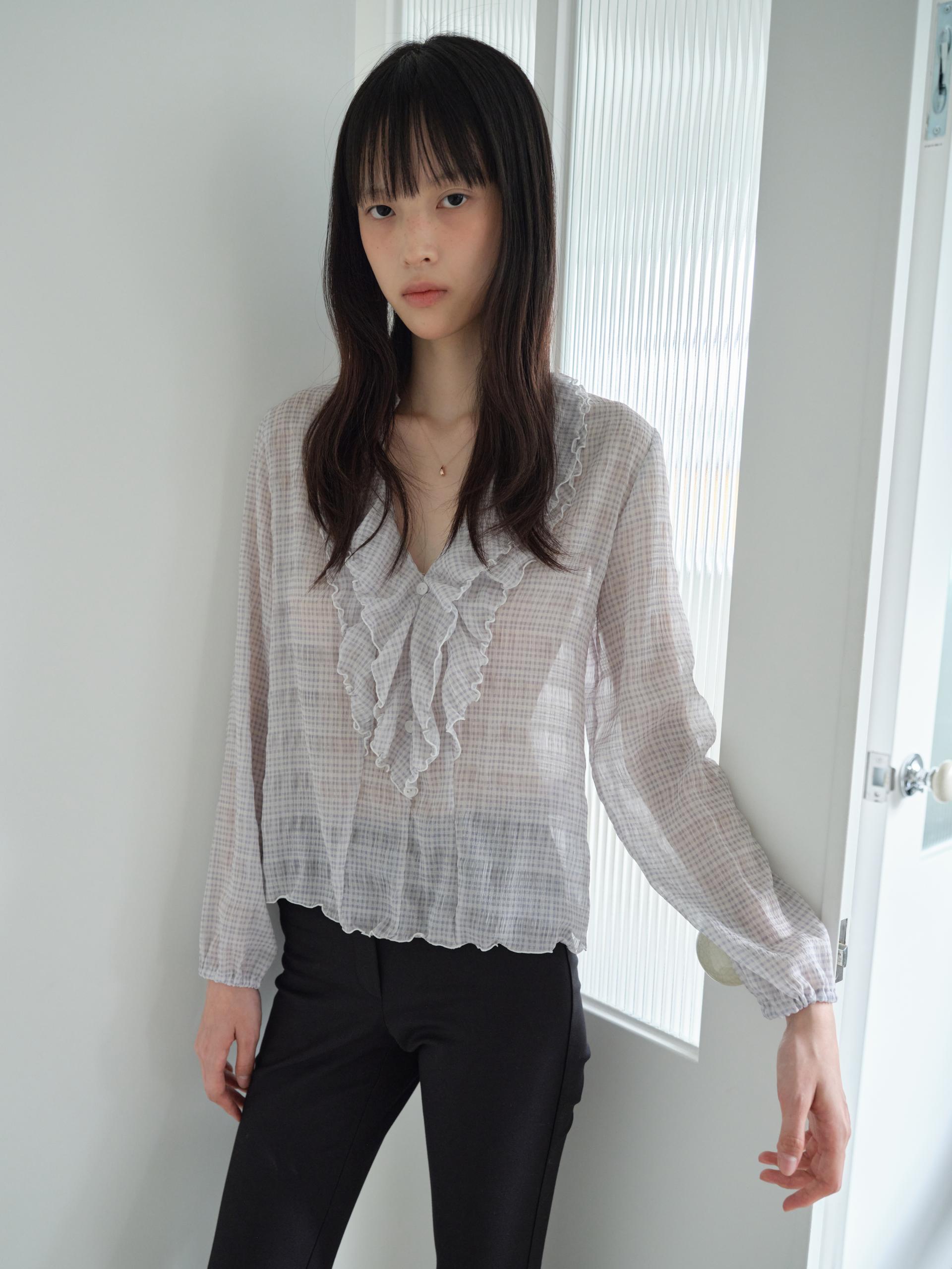 PLAID RUFFLE CHIFFON BLOUSE_LAVENDER