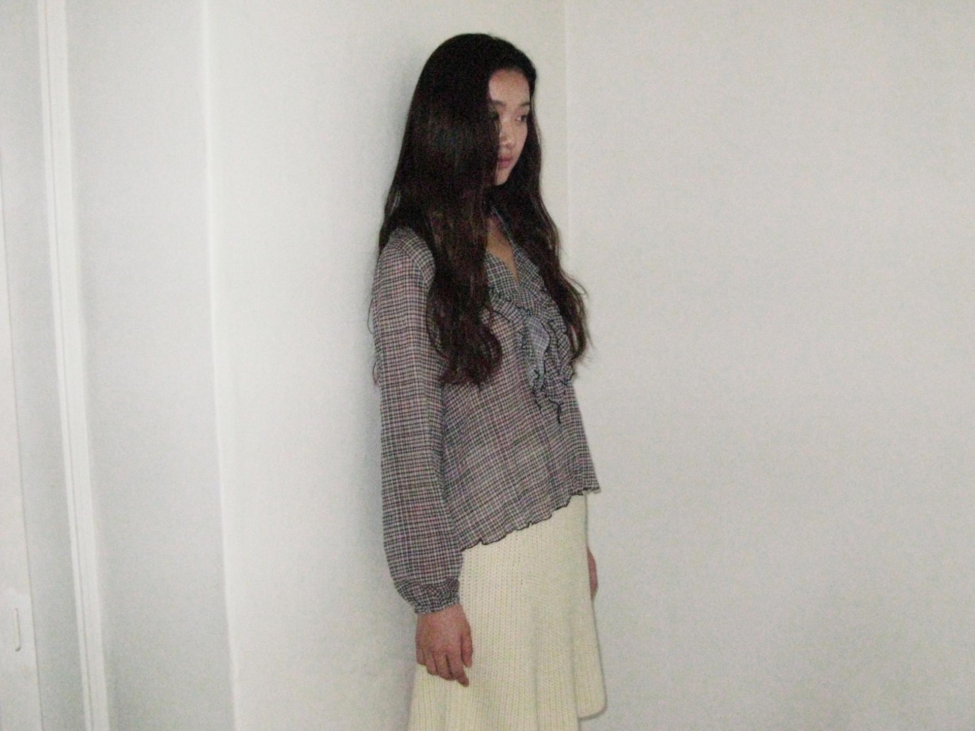 PLAID RUFFLE CHIFFON BLOUSE_BLACK
