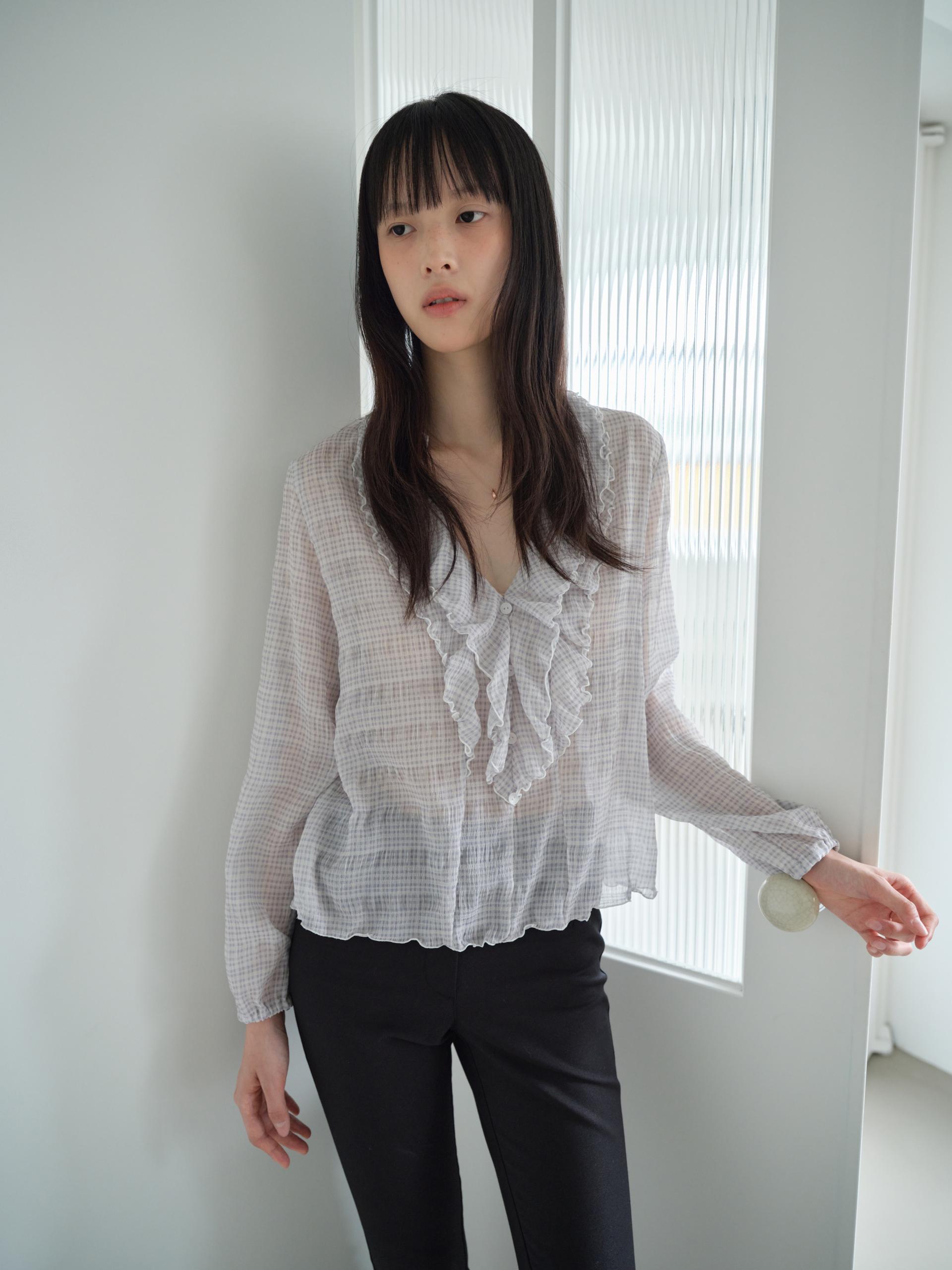 PLAID RUFFLE CHIFFON BLOUSE_LAVENDER