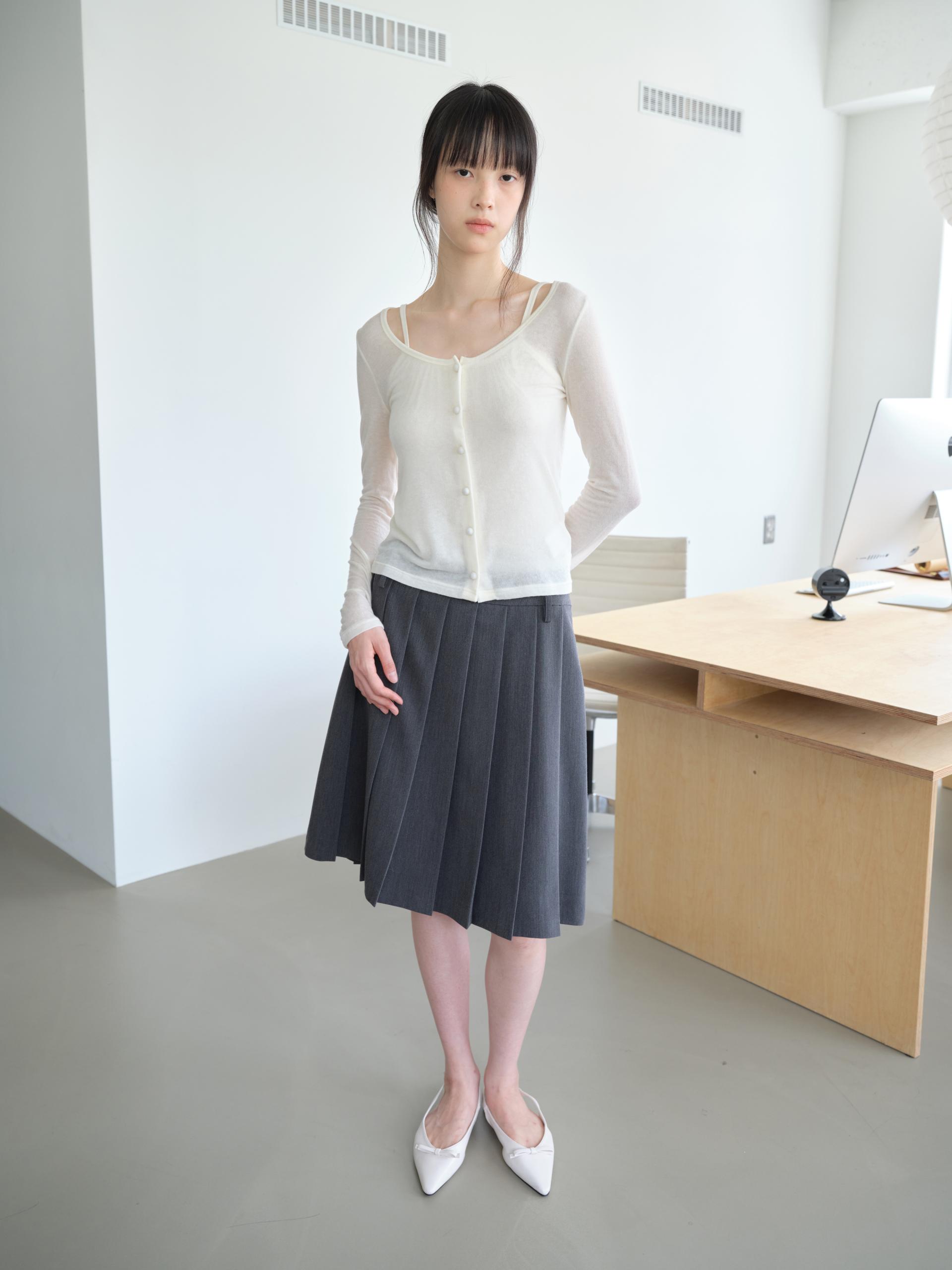 BELTED PLEATED MIDI SKIRT_GRAY