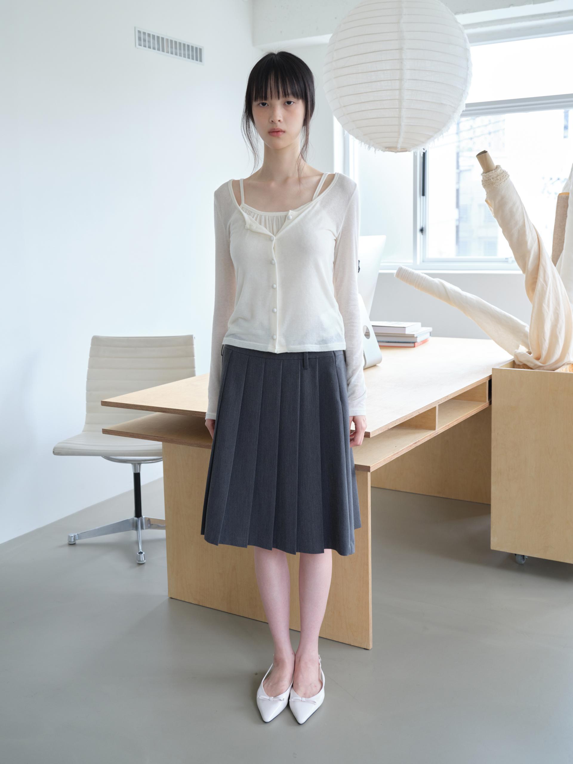 BELTED PLEATED MIDI SKIRT_GRAY