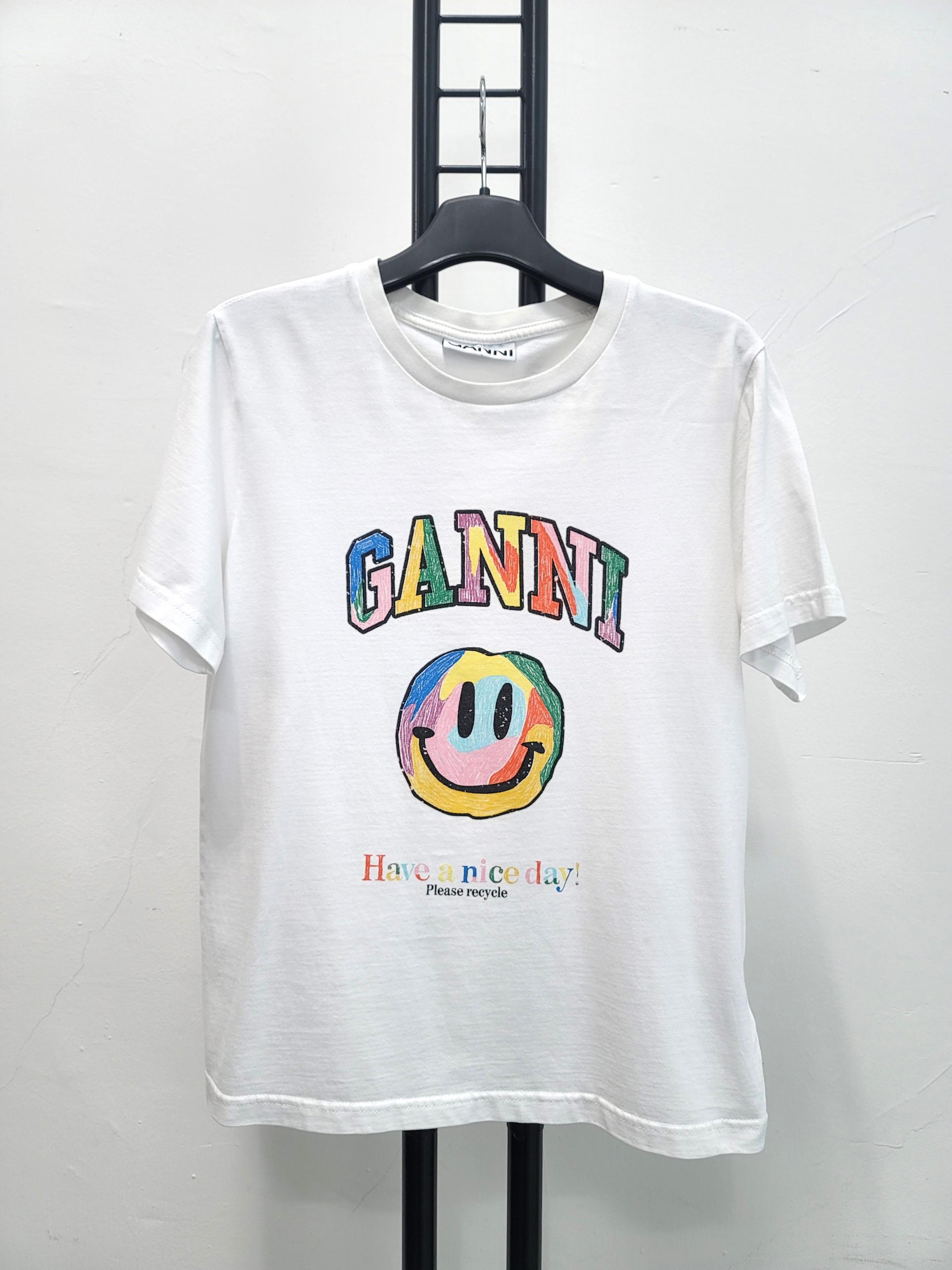 정품 가니 GANNI 스마일 프린트 반팔 티셔츠 화이트