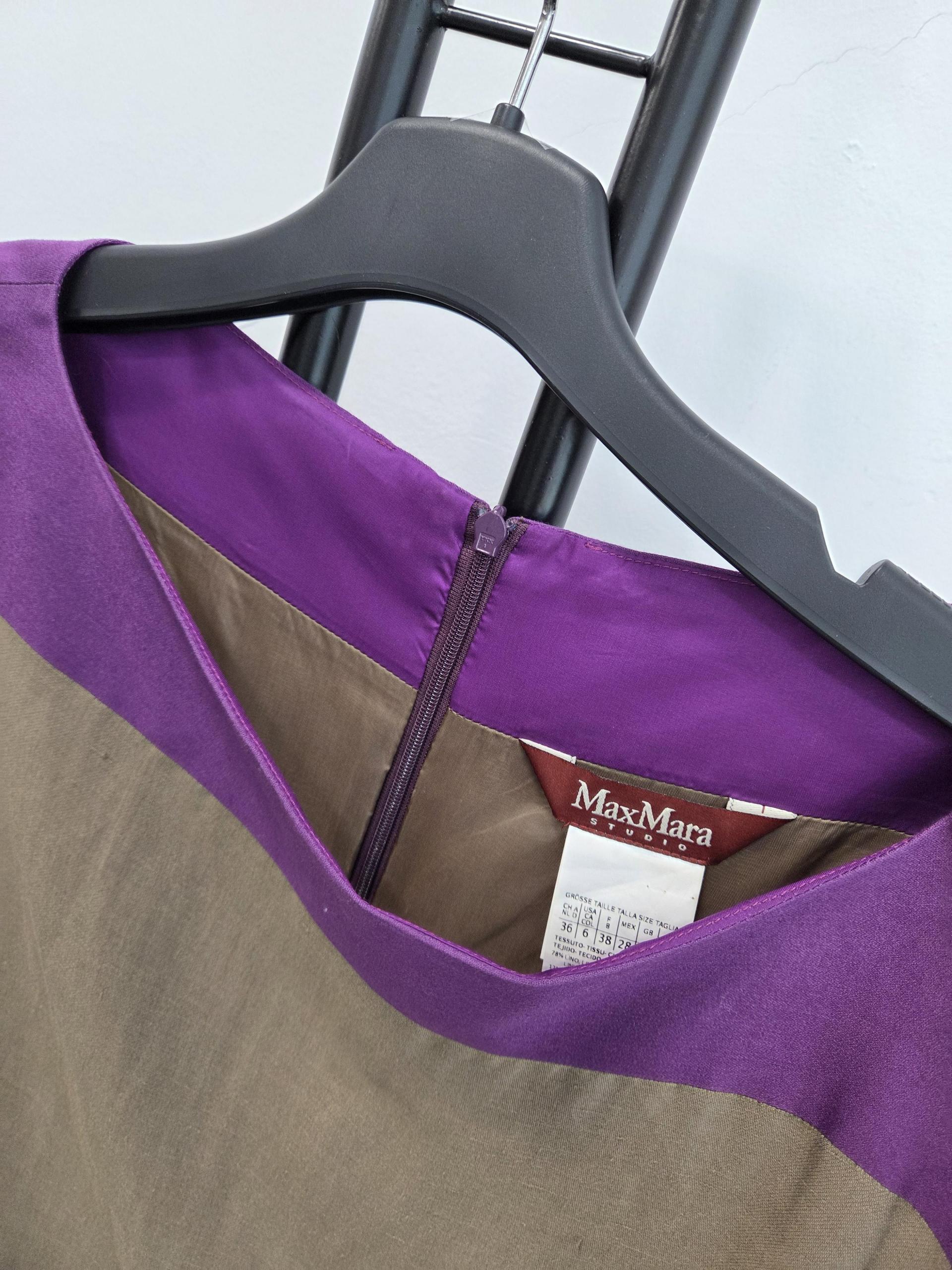 정품 막스마라 Max Mara 배색 퍼플 린넨 플리츠 원피스