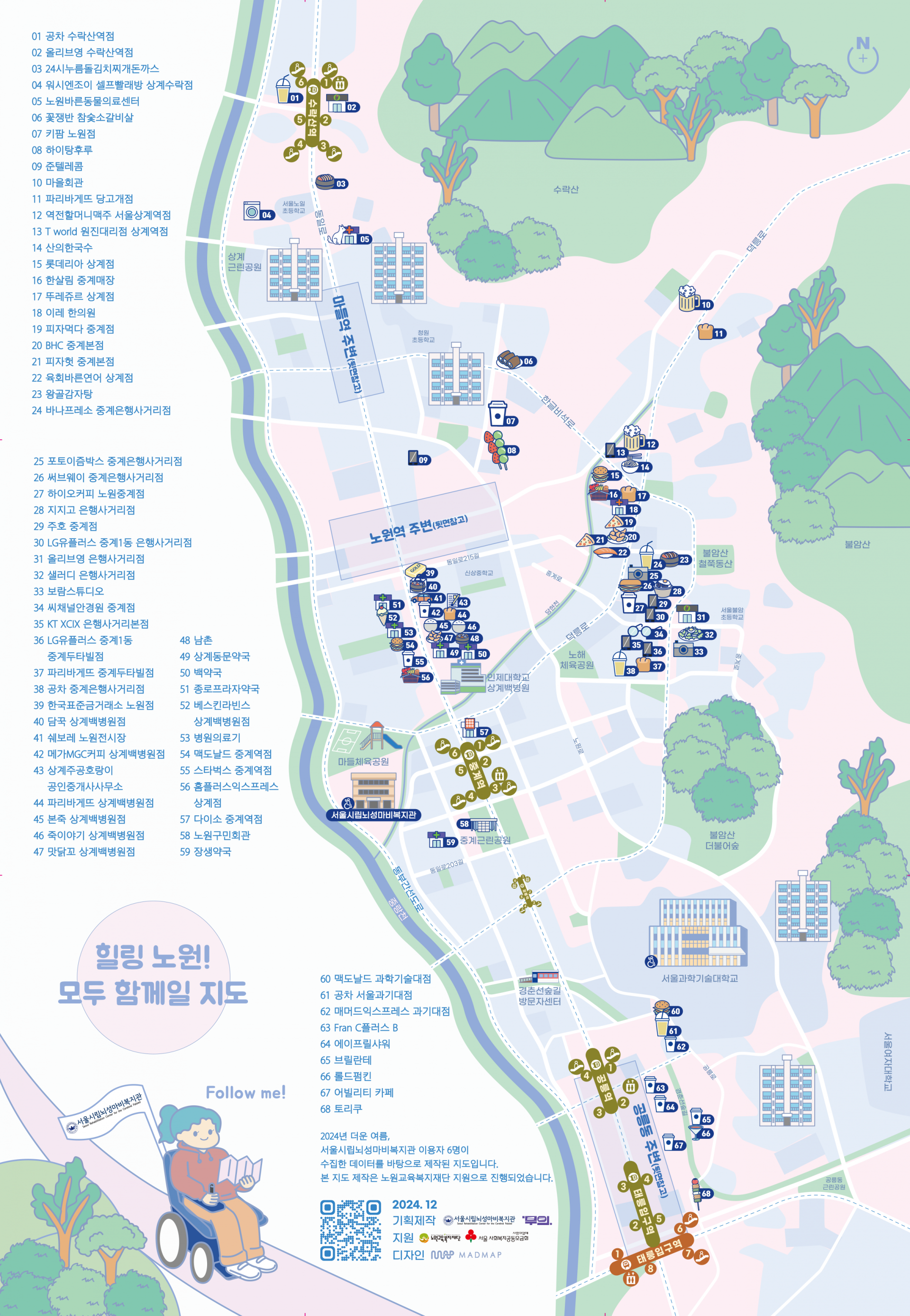 힐링 노원! 모두 함께일 지도 표지면. 옅은 분홍색, 파란색, 녹색으로 수락산역, 마들역, 노원역, 중계역, 공릉역, 태릉입구역 주변의 접근성 정보를 담고 있다. 웹지도 및 서울시립뇌성마비복지관, 사단법인 무의 등으로 연결되는 QR코드가 있다.