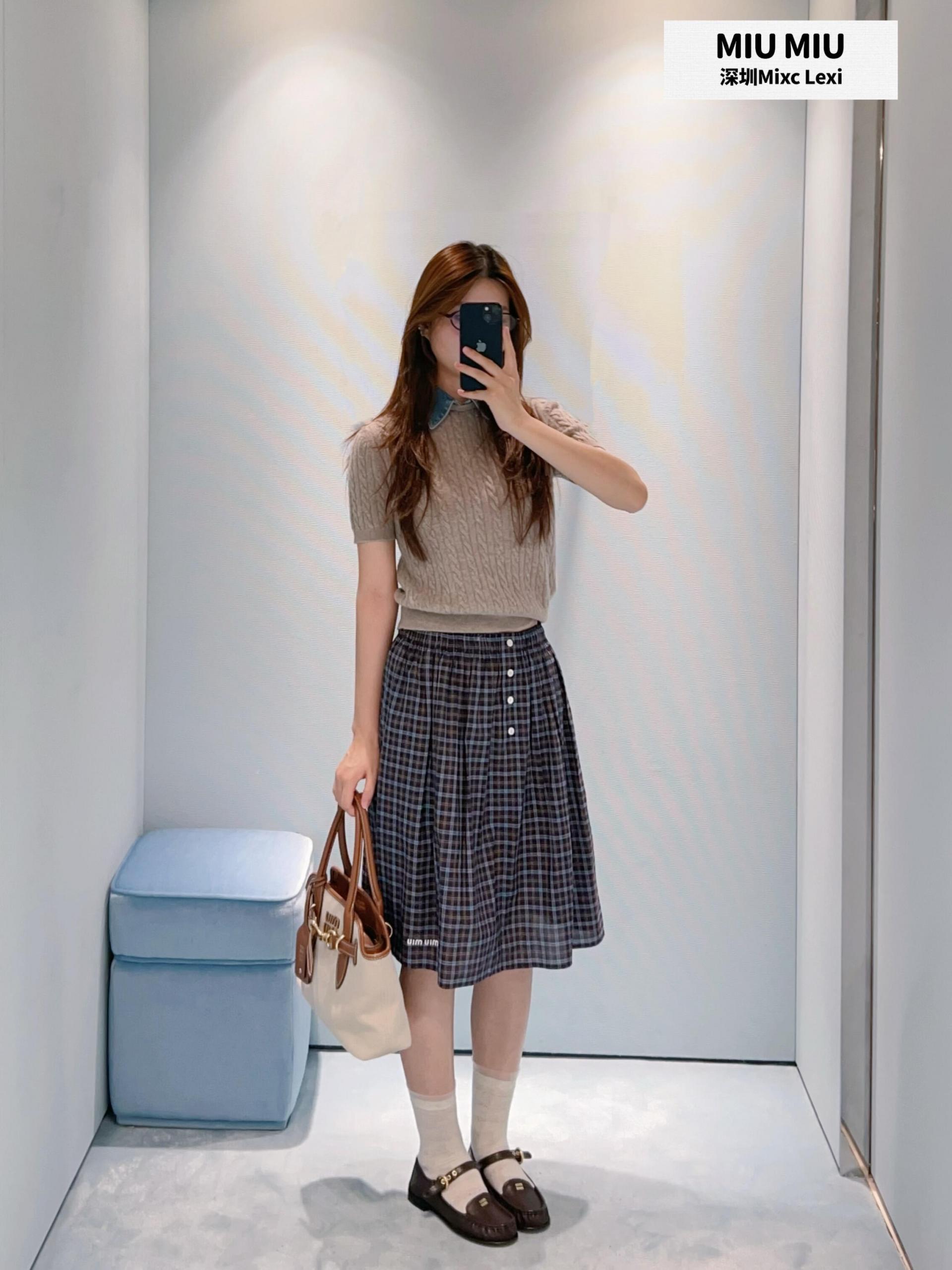 미우미우(MIU MIU) 브라운 체크 플리츠 미니스커트 하의 의류