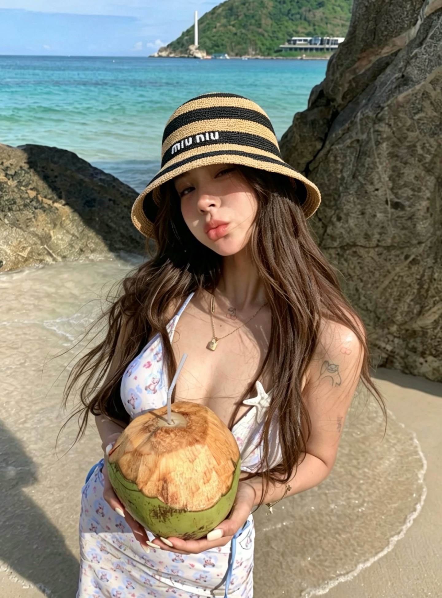 미우미우(MIU MIU) 라피아 배색 버킷햇 모자