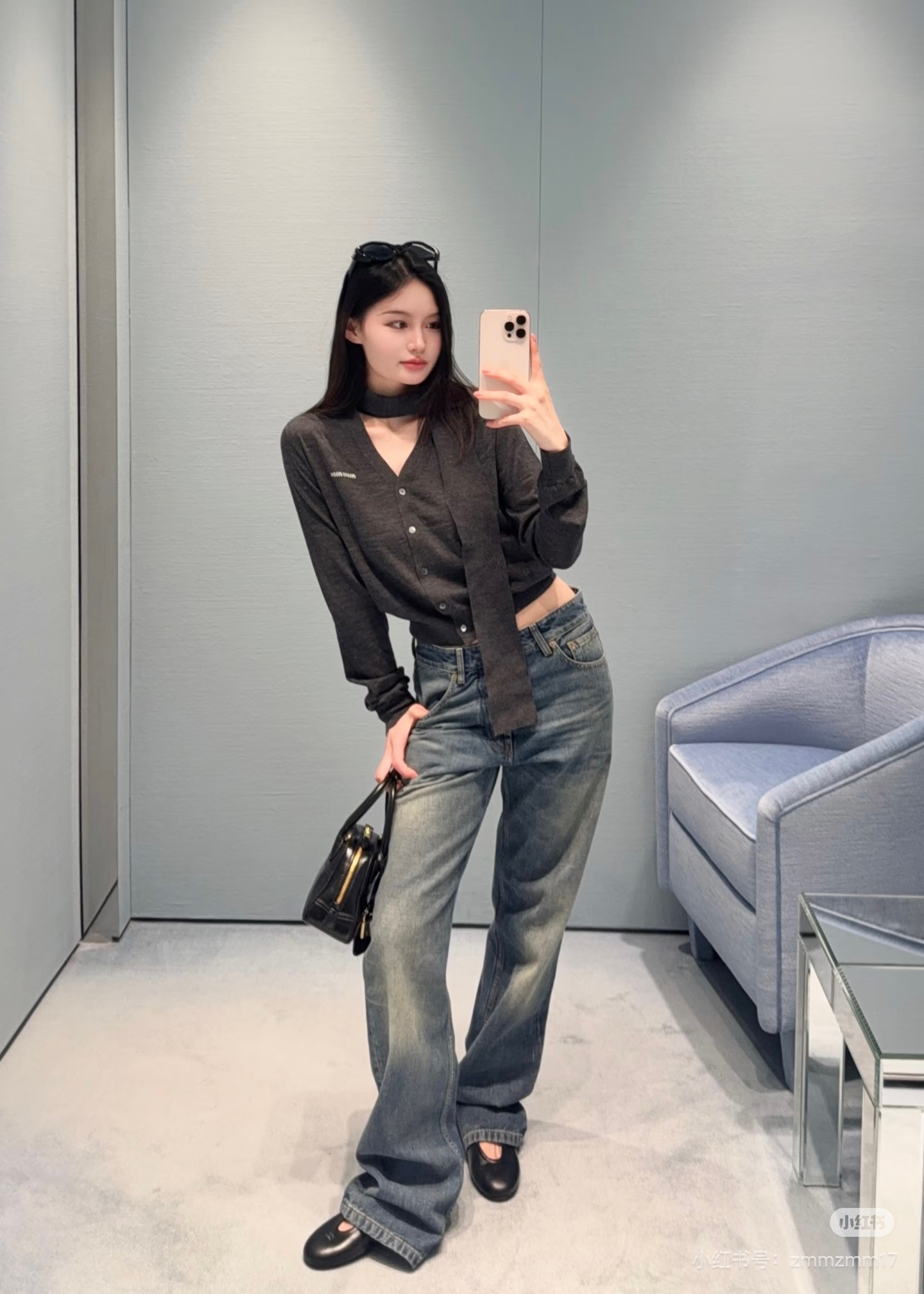미우미우(MIU MIU) 롤업 웨이스트 와이드 데님 팬츠 하의 의류