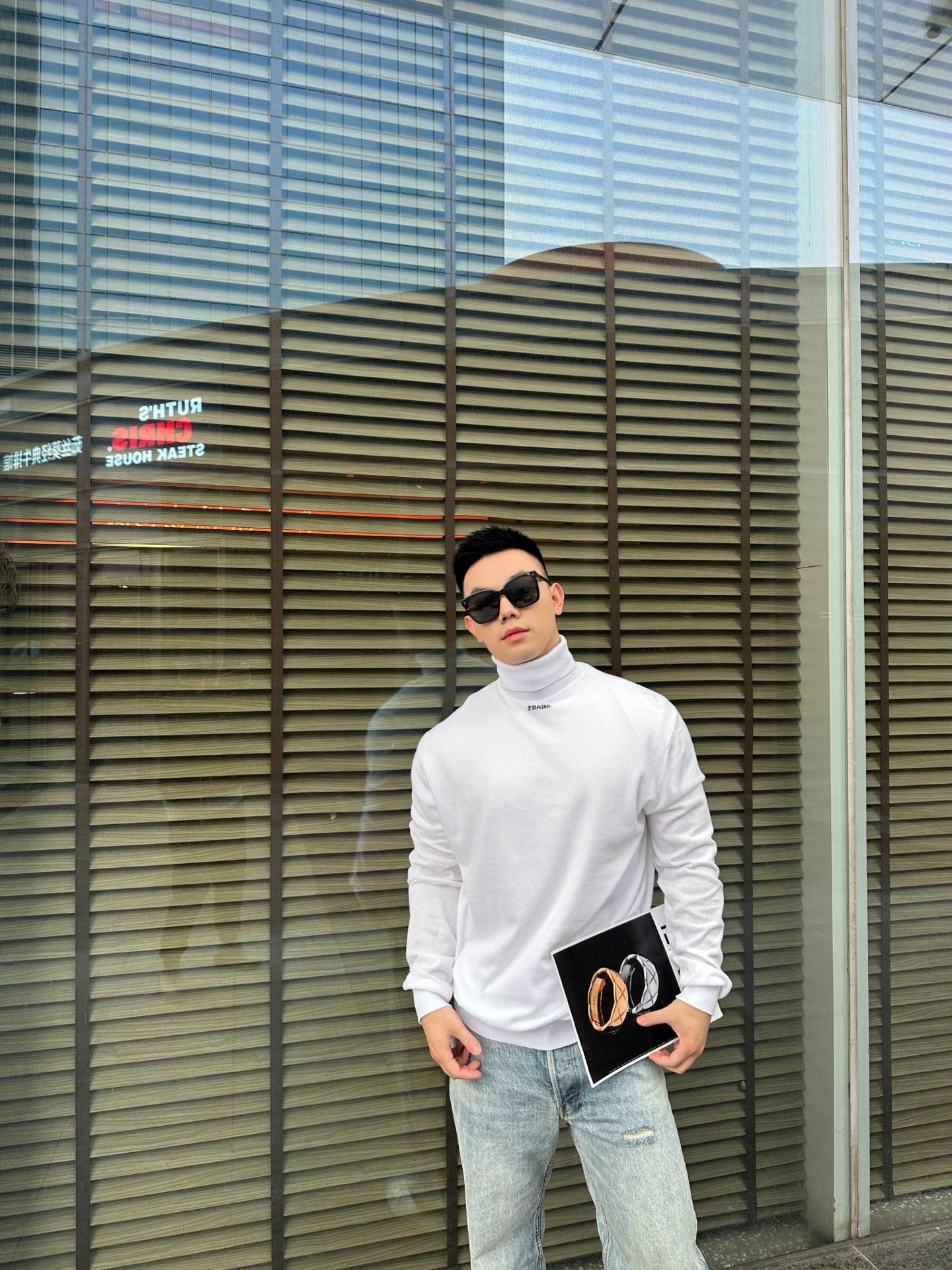 프라다(PRADA) 로고 자카드 터틀넥 울 니트 상의 의류
