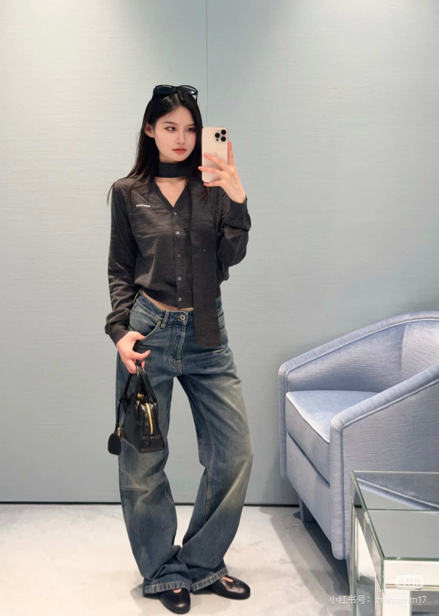 미우미우(MIU MIU) 롤업 웨이스트 와이드 데님 팬츠 하의 의류