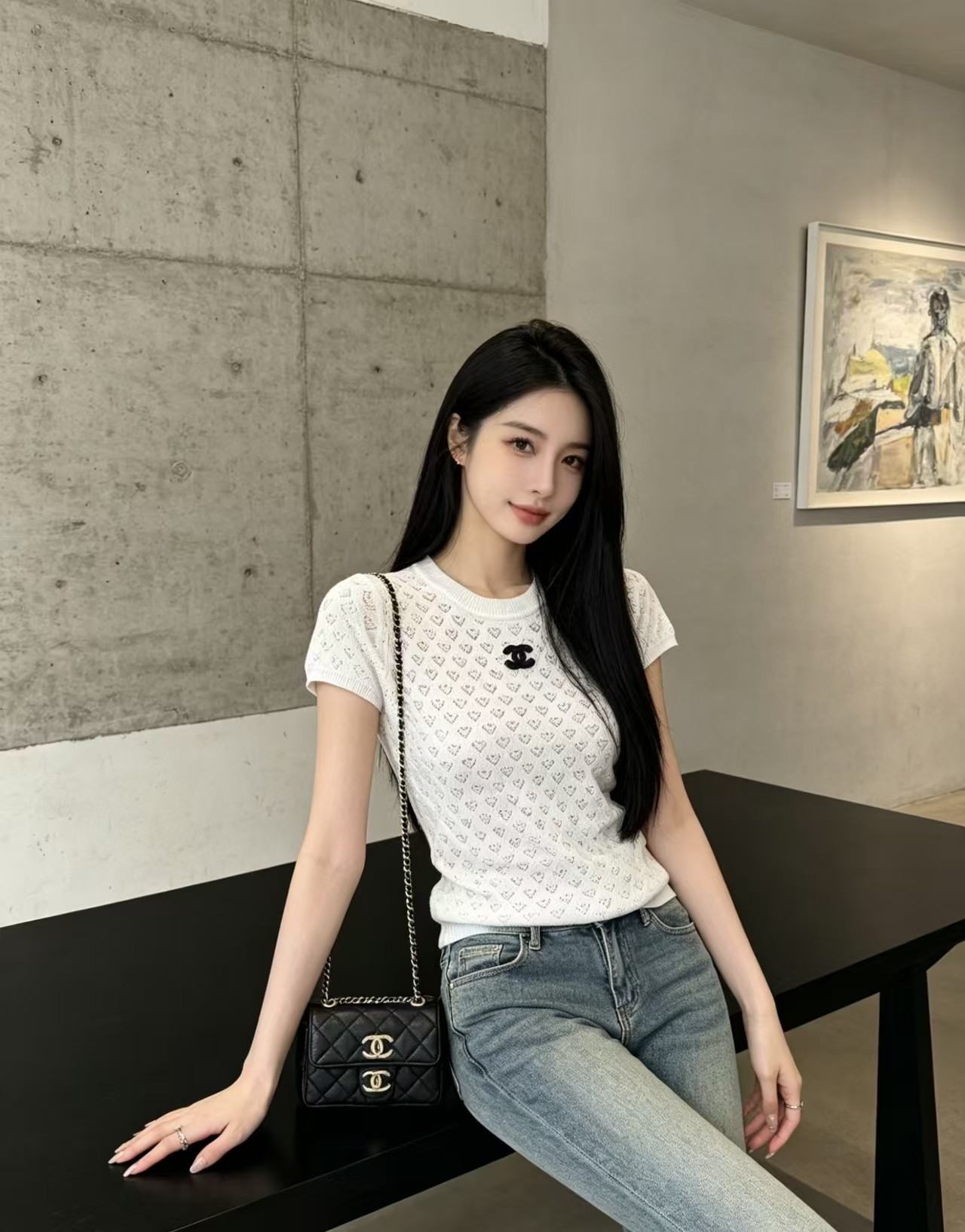 [Chanel] 샤넬 오픈워크 니트 반팔 탑 의류