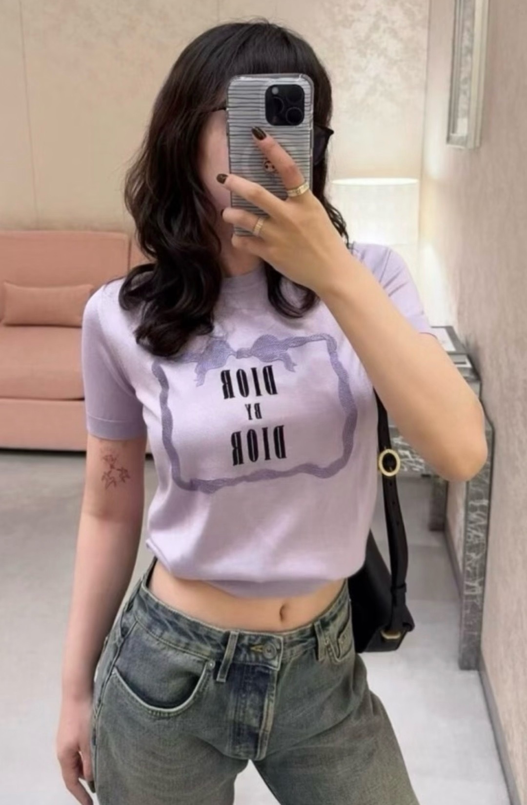 디올(DIOR) 레터링 레이스 자수 라운드넥 반팔 니트 상의 의류