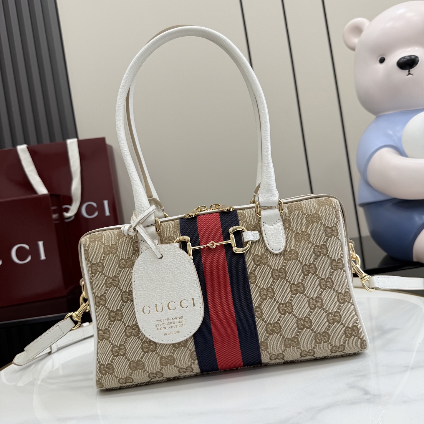 GUCCI 구찌 Gucci NY 컬렉션 보르세토(Borsetto) 캔버스 핸드백 - 화이트/샌드 가방