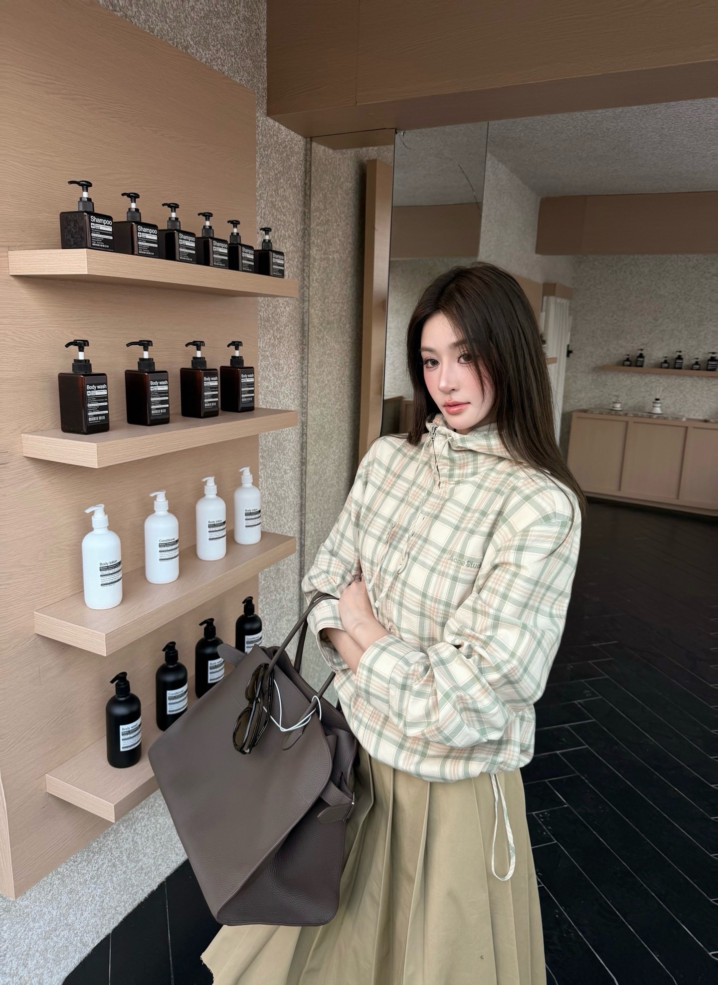 아크네(Acne studios) 로고 자수 체크 후드 재킷 상의 의류